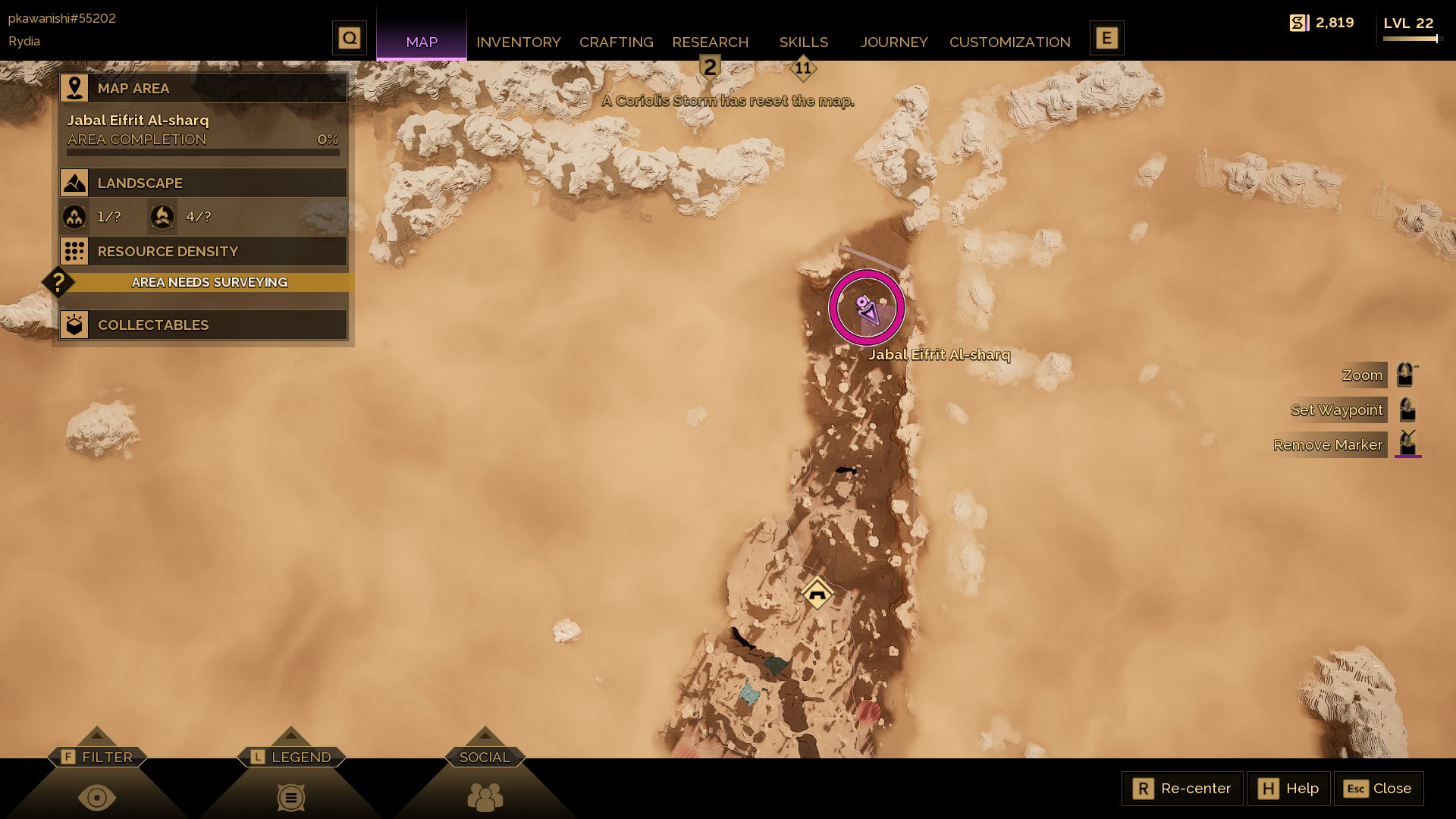 A Dune: Awakening screenshot showing the game’s map and the location of the sixth Trial of Aql.