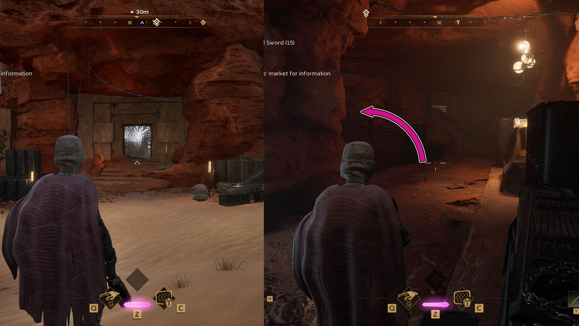 A montage using two Dune: Awakening screenshots showing the sealed entrance to a cave and a corridor where you must turn left to find the altar and complete the sixth trial.