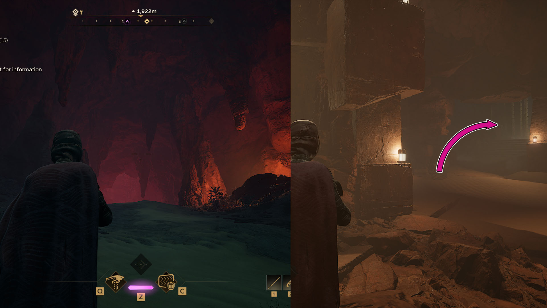 A montage using two Dune: Awakening screenshot showing the entrance of a cave emitting a red light and a room with a large pillar where you need to using the corridor to the right to find the altar of the seventh Trial of Aql.