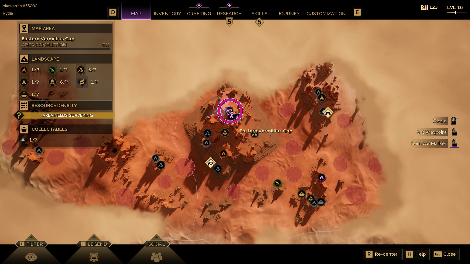 A Dune: Awakening screenshot showing the map and the location of the Hollow Hammer, a large rock formation where the fourth trial is hidden.