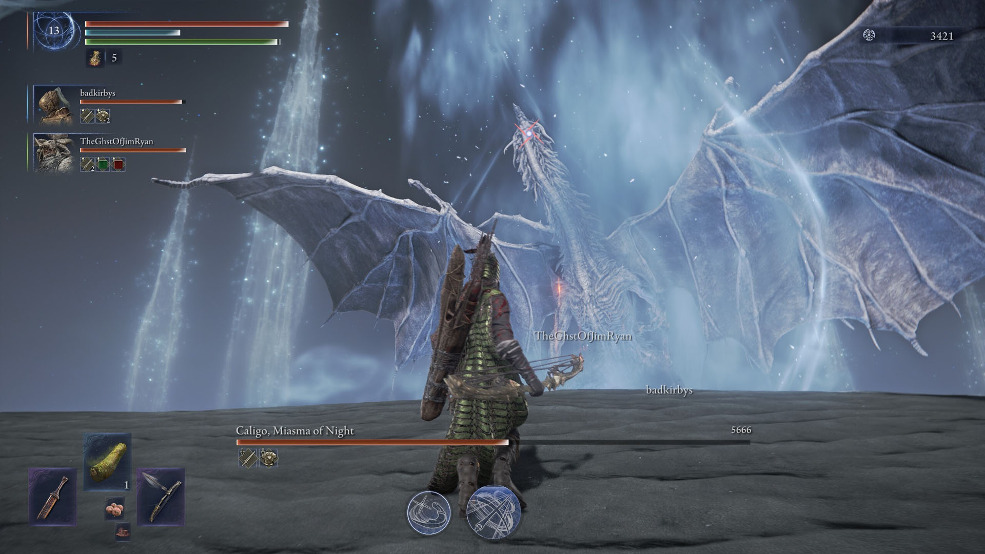 An Elden Ring Nightreign screenshot showing Caligo, Miasma of Night. This boss is a giant dragon surrounded by freezing winds.