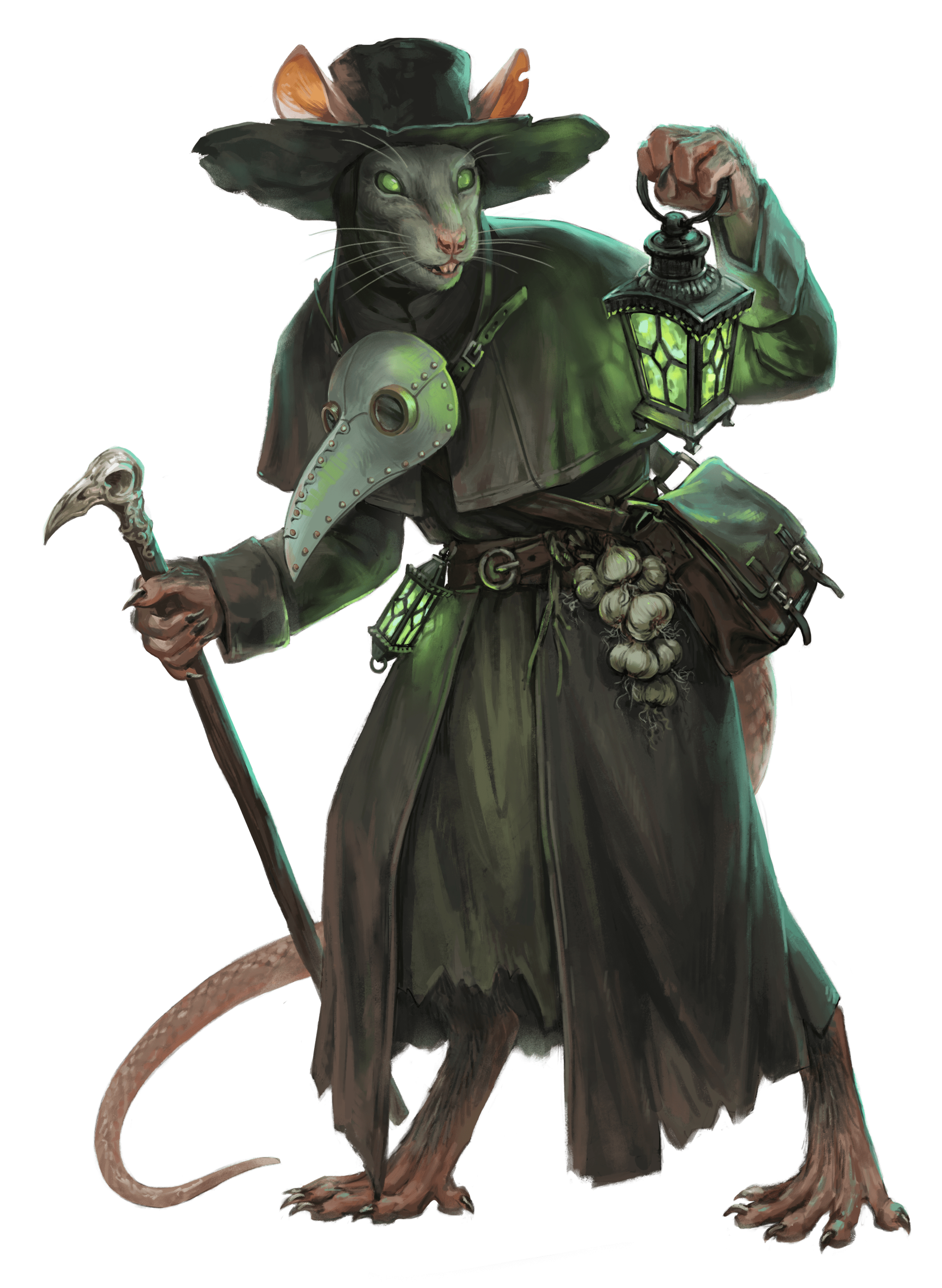 A plagueborn, a rat person holding a green lantern with a plague mask around their neck, from The Crooked Moon.