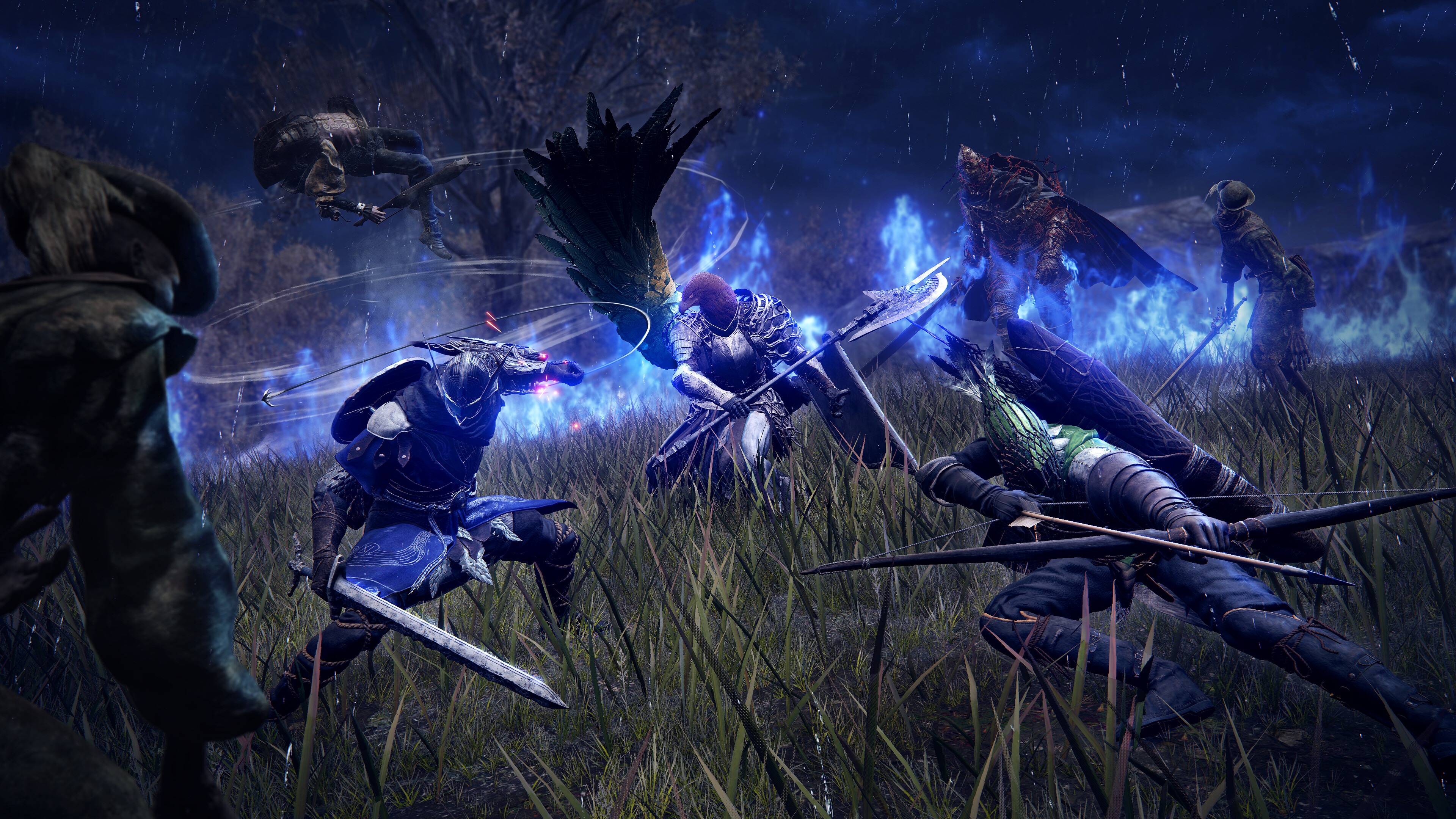 A Wylder, Guardian, and Ironeye take on enemies in a screenshot from Elden Ring Nightreign