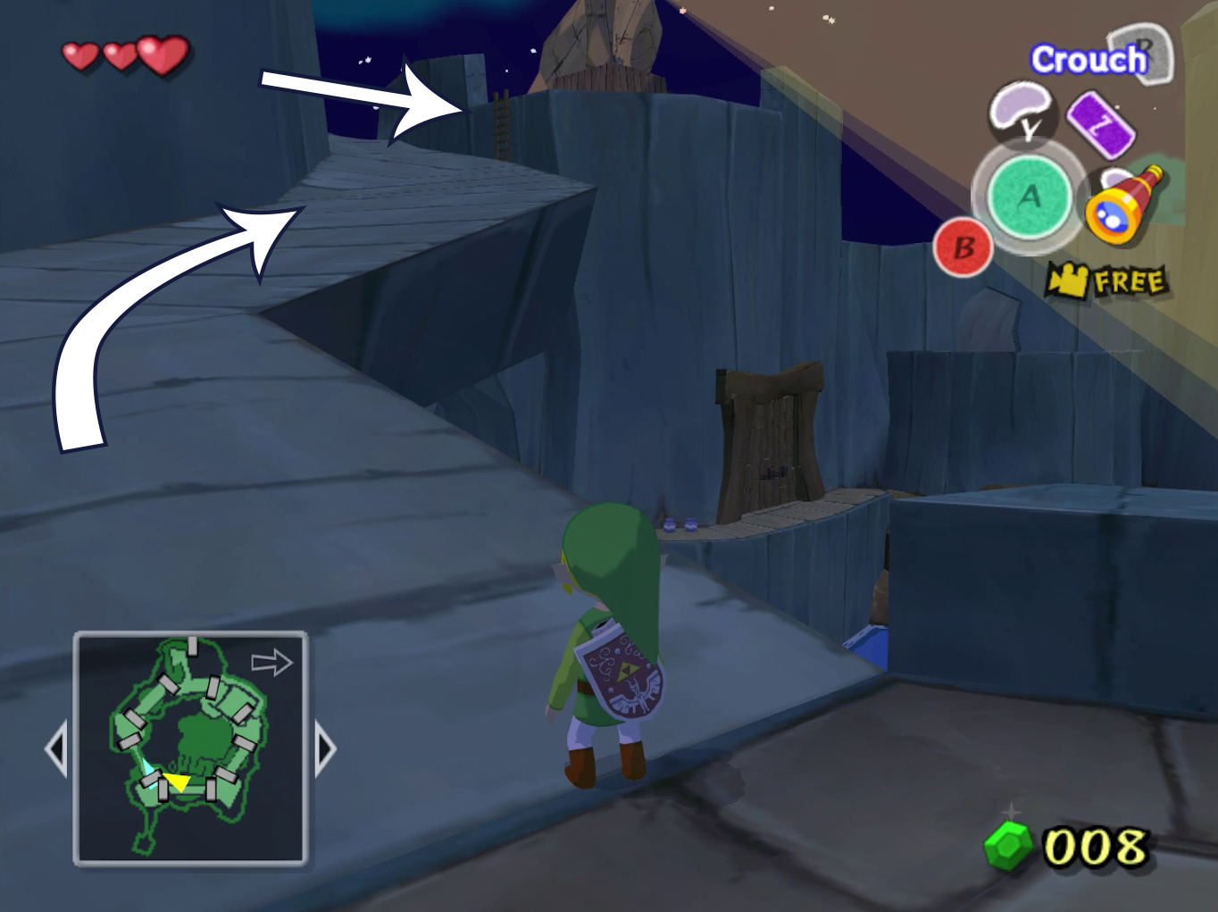 Link looks up a ramped pathway towards a spotlight in The Wind Waker.