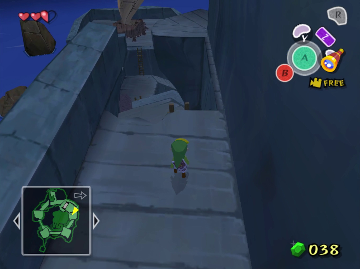 Link approaches a very small ledge over a gap in The Wind Waker.