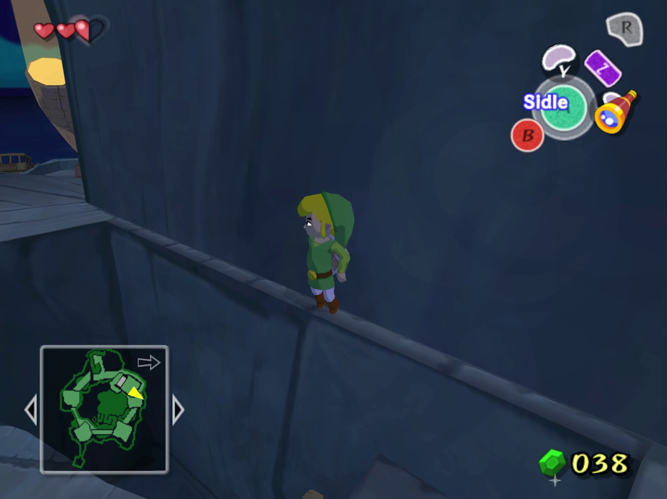 Link crosses a gap using a tiny ledge in The Wind Waker.