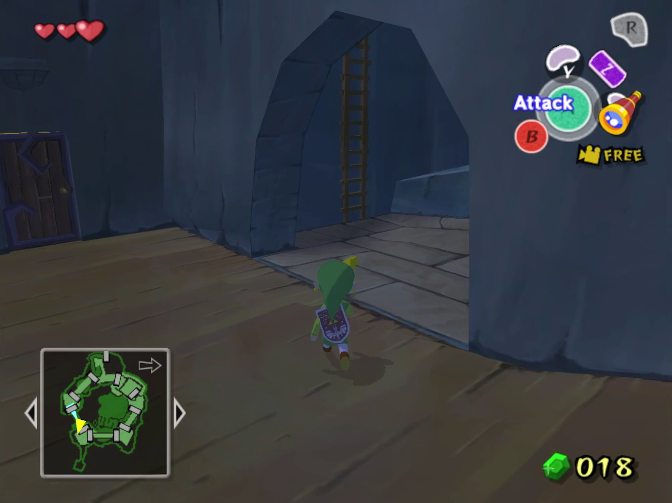 Link approaches an open area to the right of an outdoor hallway in The Wind Waker.