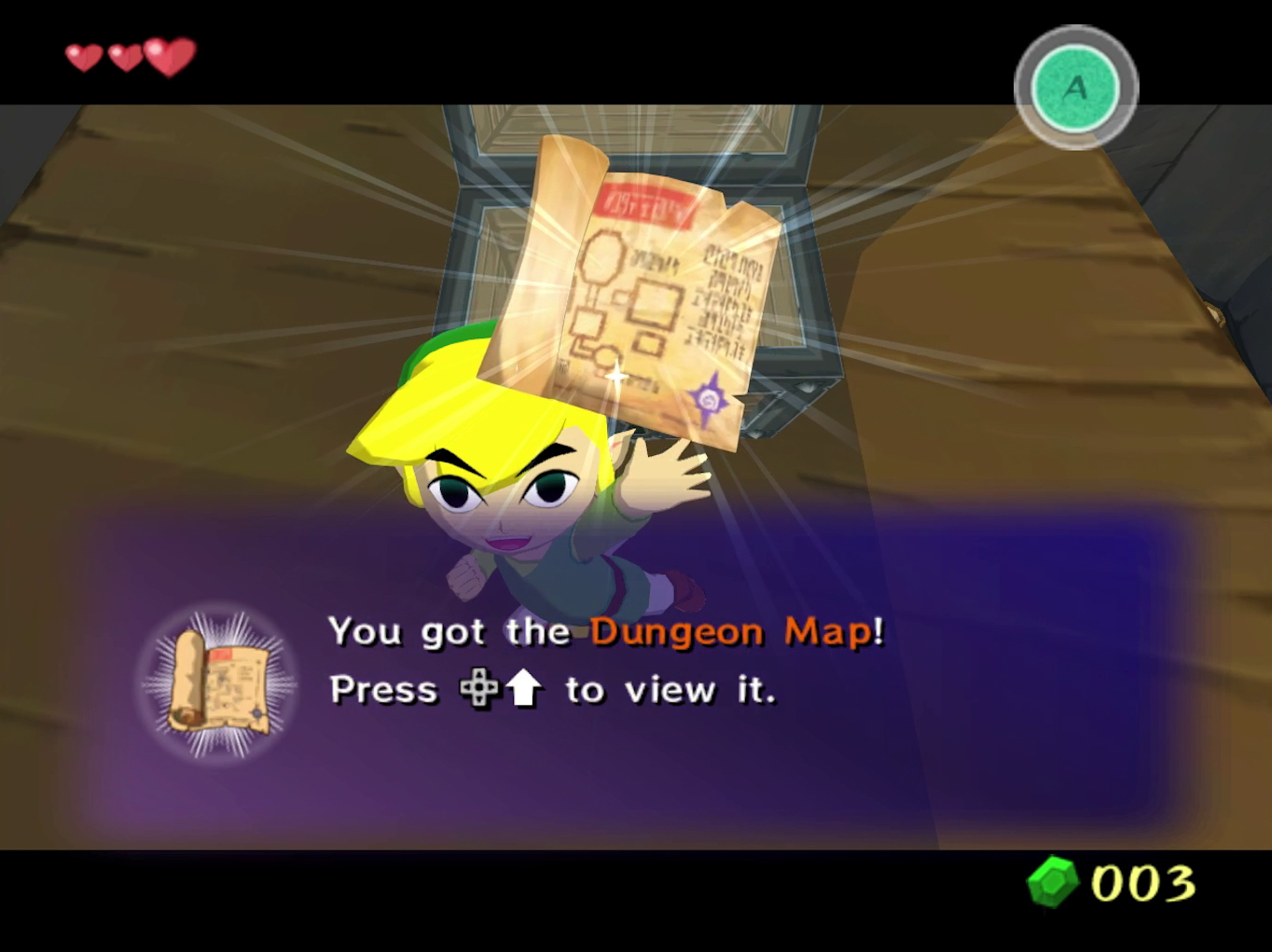Link happily lifts up a dungeon map in The Wind Waker.