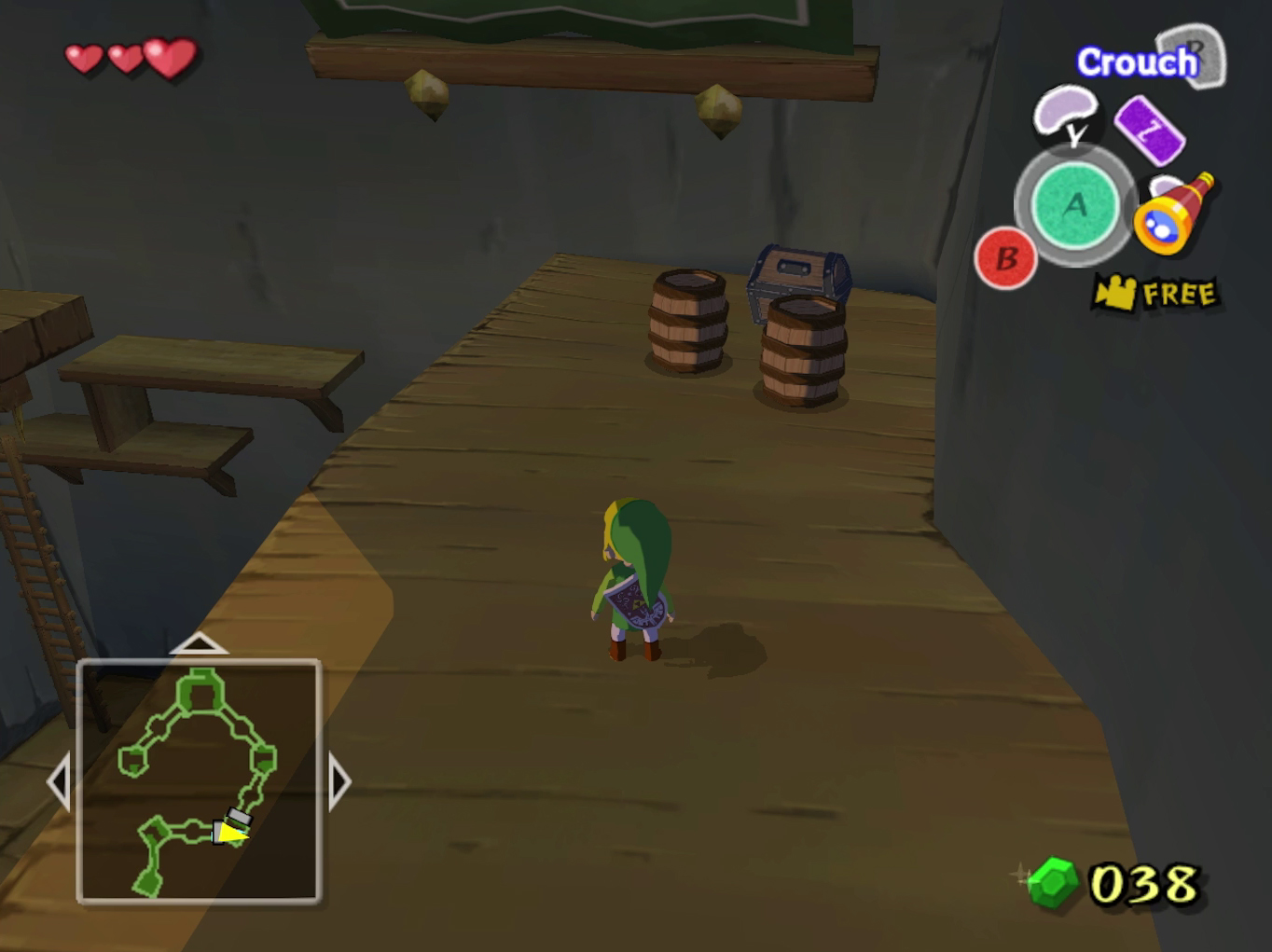 Link moves near two barrels that are somewhat hiding a chest in The Wind Waker.