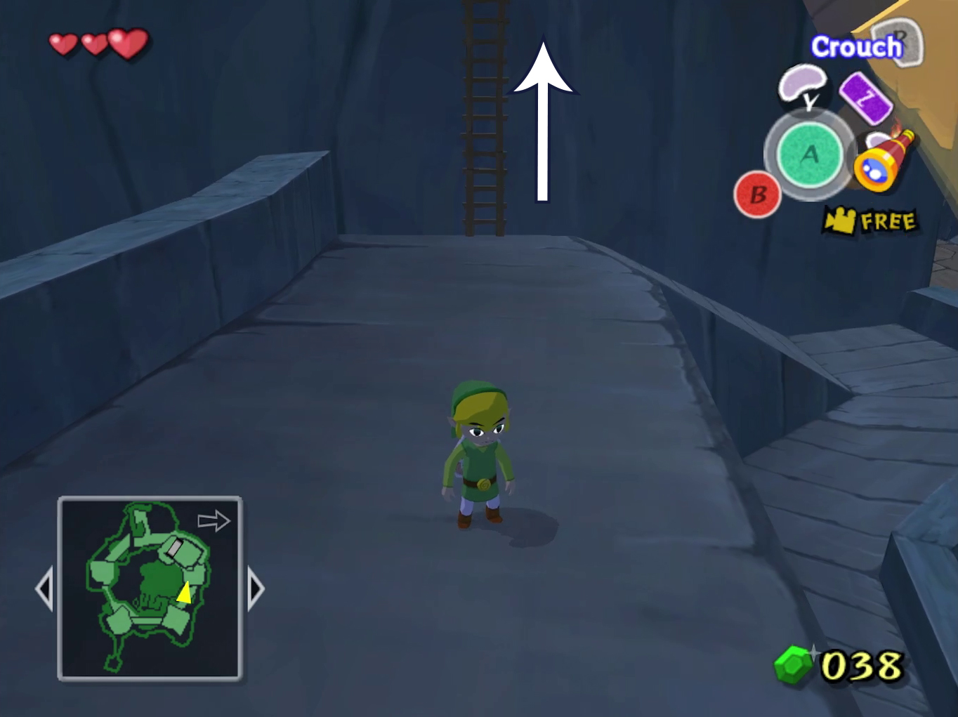 Link stands on a pathway with an arrow pointing up a ladder that’s behind him.