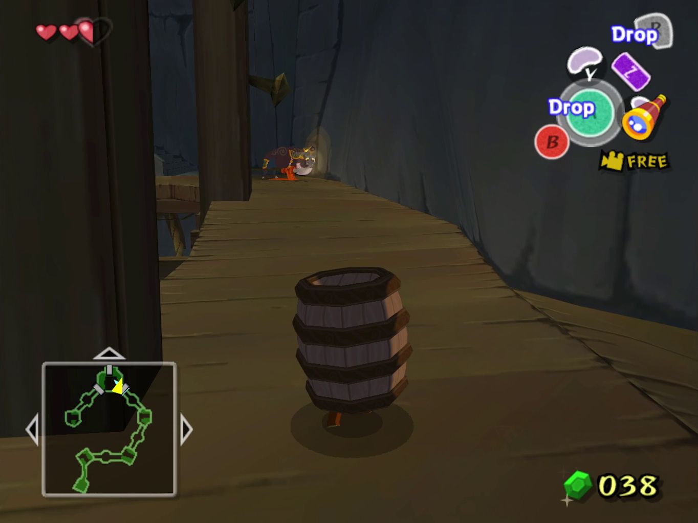 Link stealths around some moblins inside a barrel in The Wind Waker.