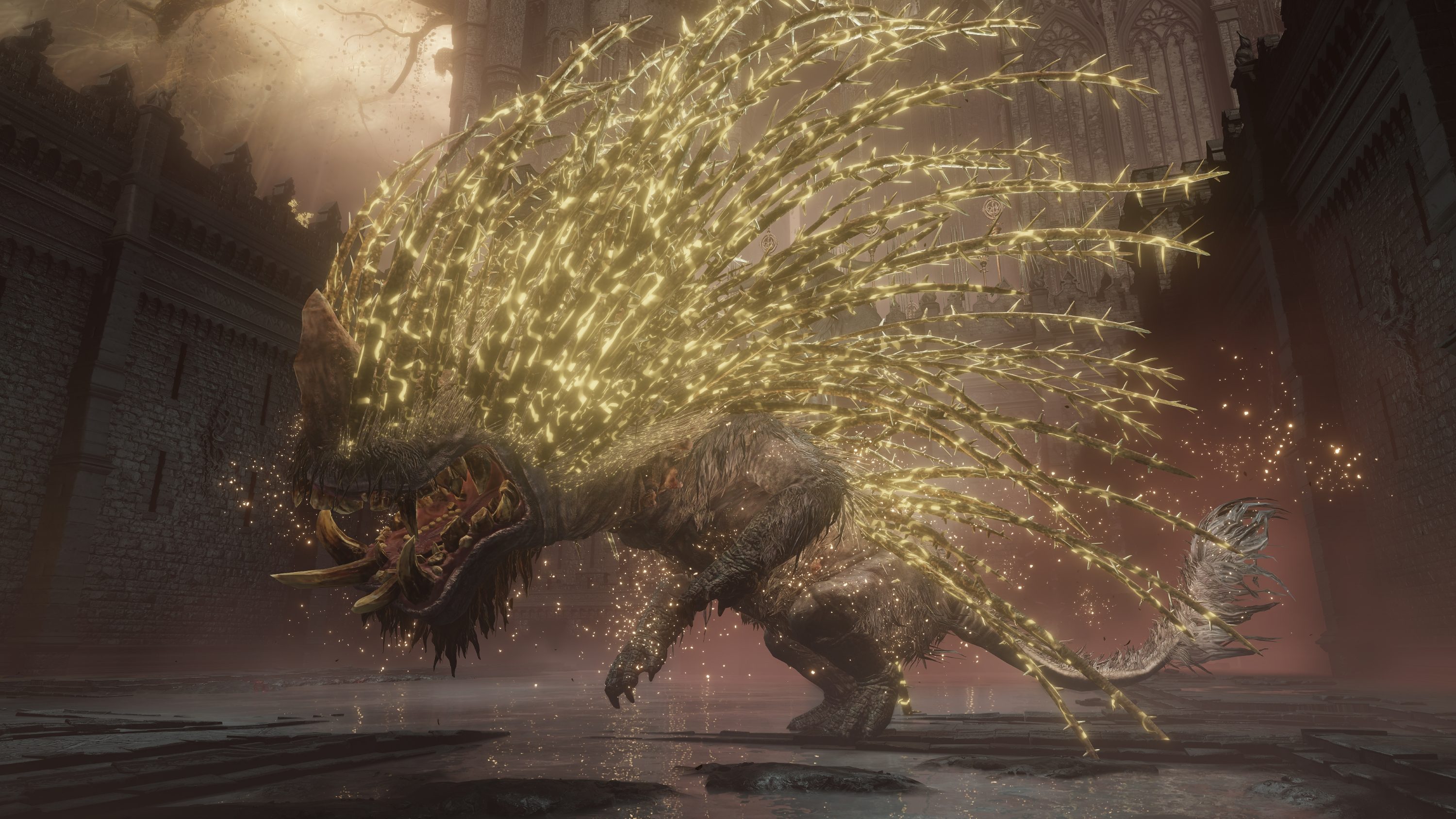A giant hippo with golden quills from Elden Ring Shadow of the Erdtree