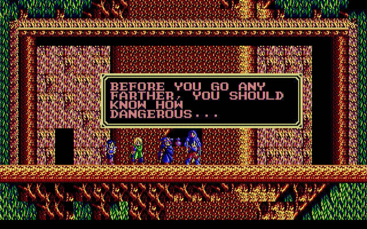 A screenshot of Sorcerian, with the party talking to an NPC.