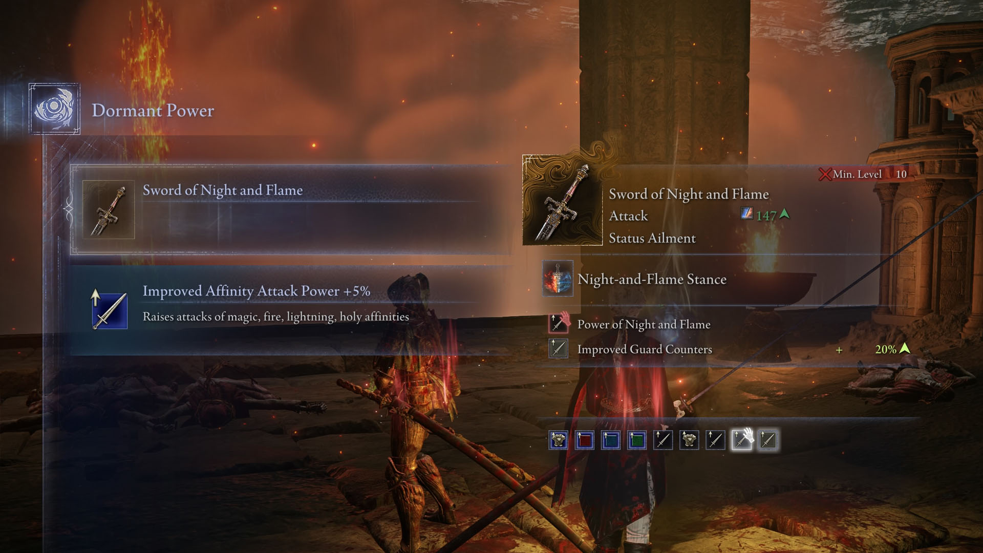 An Elden Ring Nightreign screenshot showing the description of the Legendary weapon Sword of Night and Flame.