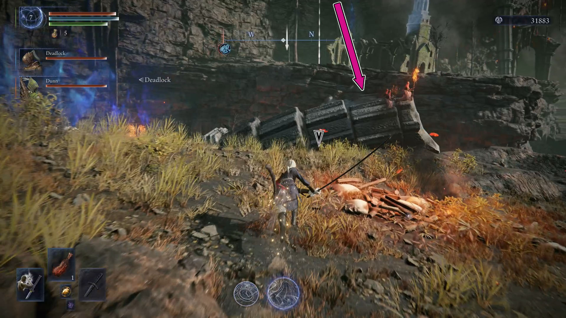 An Elden Ring Nightreign screenshot showing the Duchess character walking toward a group of enemies.