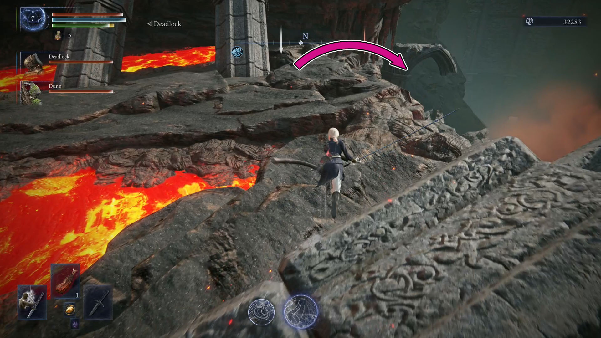 An Elden Ring Nightreign screenshot showing the Duchess character next to a cliff and an arrow showing the location where players should head to.