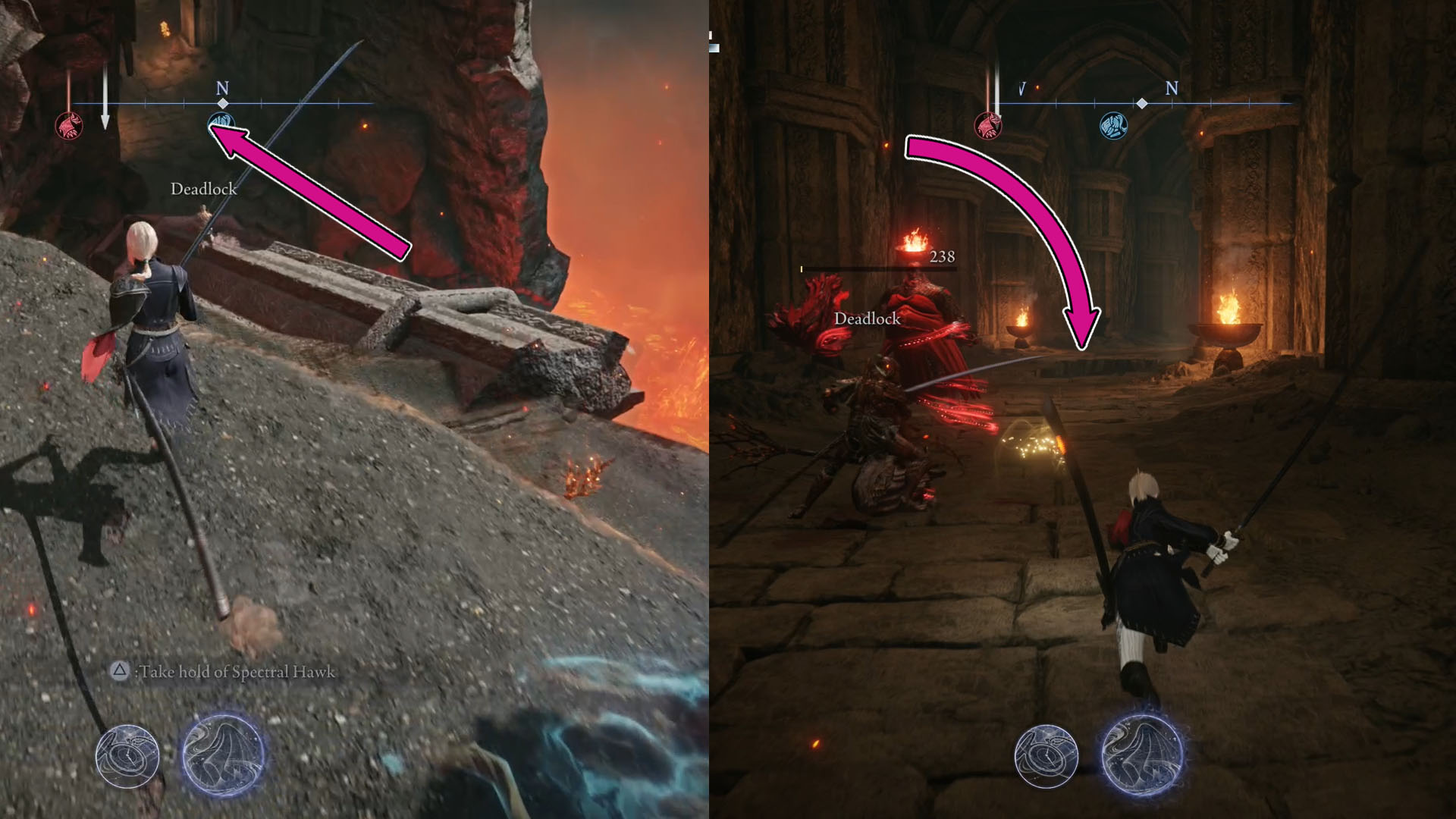 A montage using two Elden Ring Nightreign screenshots showing the first segment of the path that leads to the special Smithing Table.