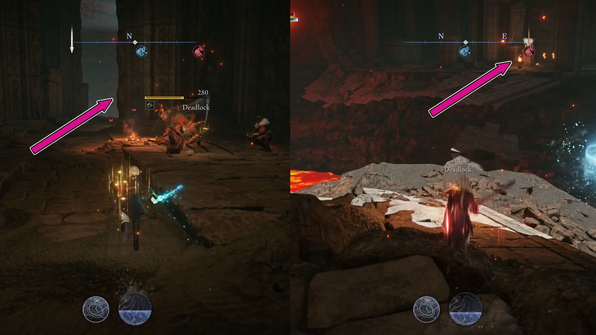 A montage using two Elden Ring Nightreign screenshot showing on the left side a corridor and on the right side an entrace to where players must go.
