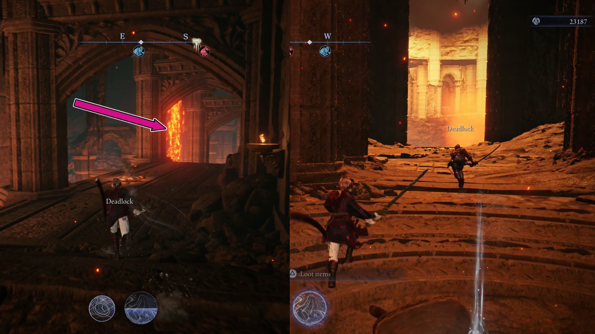A montage using two Elden Ring Nightreign screenshots. The first, on the left, show the path players should follow downward and the second, on the right side, shows a corridor.