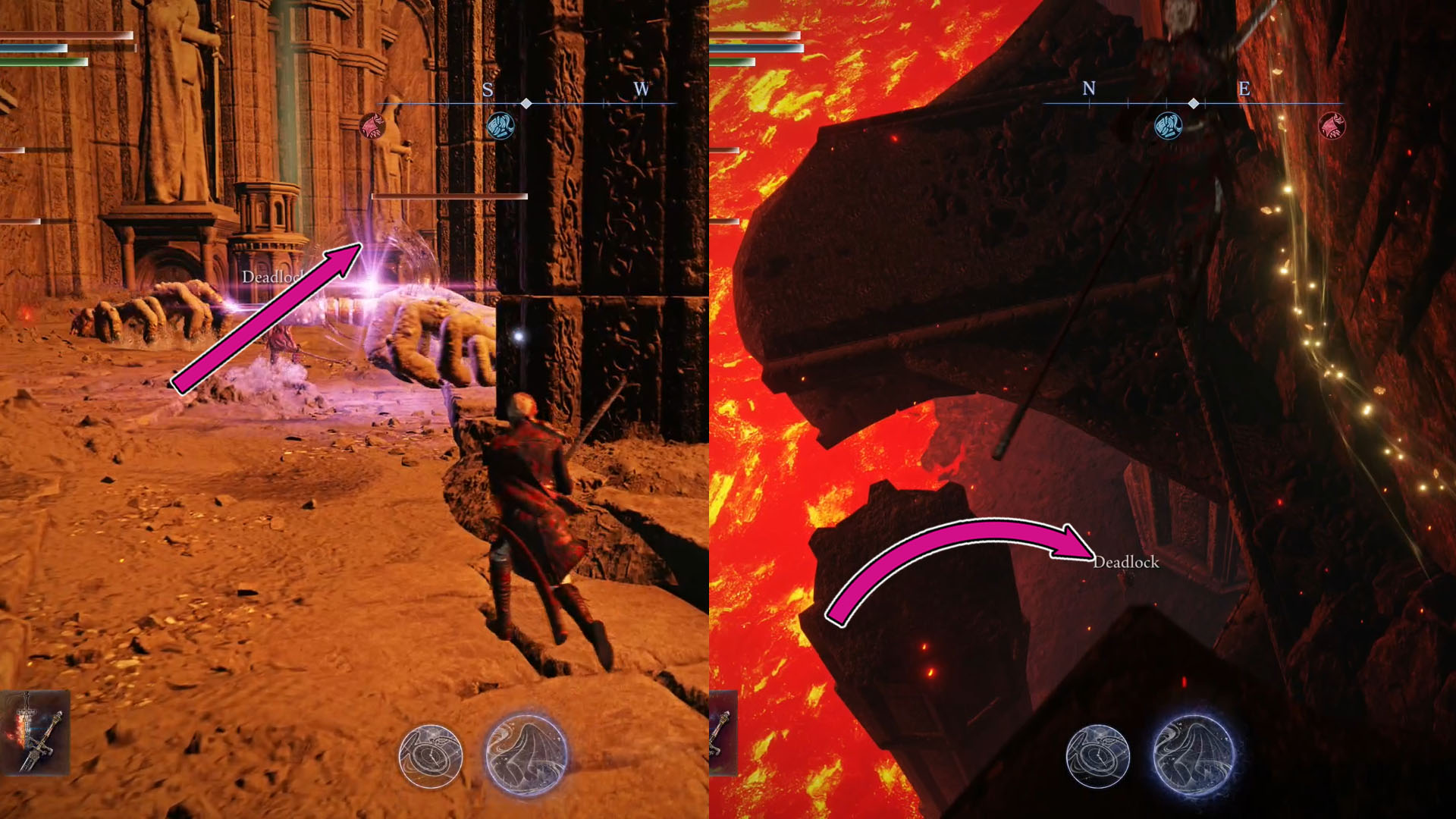 A montage using two Elden Ring Nightreign screenshots. On the left side, we have a corridor with a few Fingercreepers and, on the right side, we see some platforms leading to the lowest floor in the area.