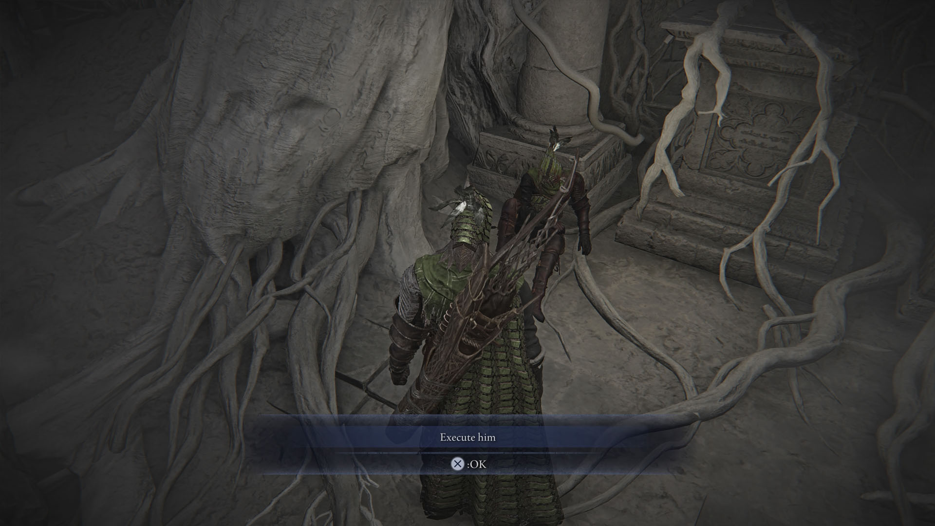 An Elden Ring Nightreign screenshot showing Ironeye looking at the Traitor with a message box on the screen giving you the chance to choose to execute the Traitor.