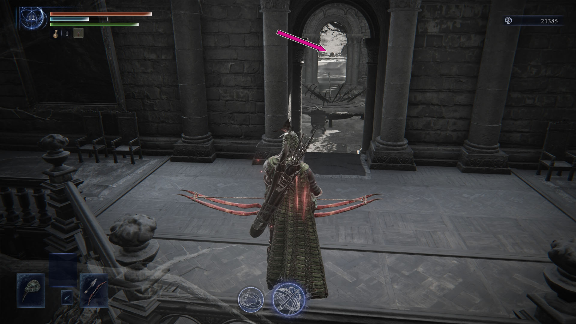 An Elden Ring Nightreign screenshot showing the location in the Roundtable Hold where you go to finish the game. The place is a desolated version of the hub where you start expeditions.
