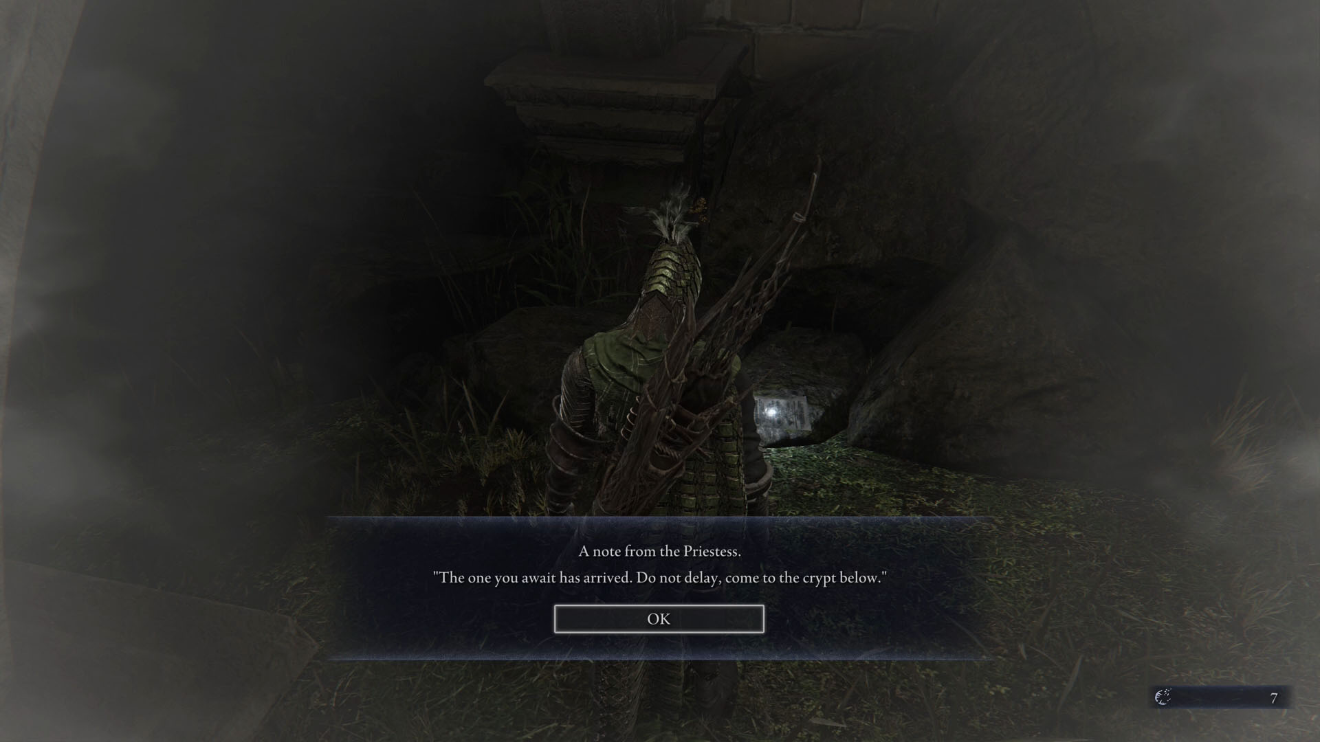 An Elden Ring Nightreign screenshot showing the Ironeye character reading a note left by the Priestess saying “The one you await has arrived. Do not delay, come to the crypt below”.