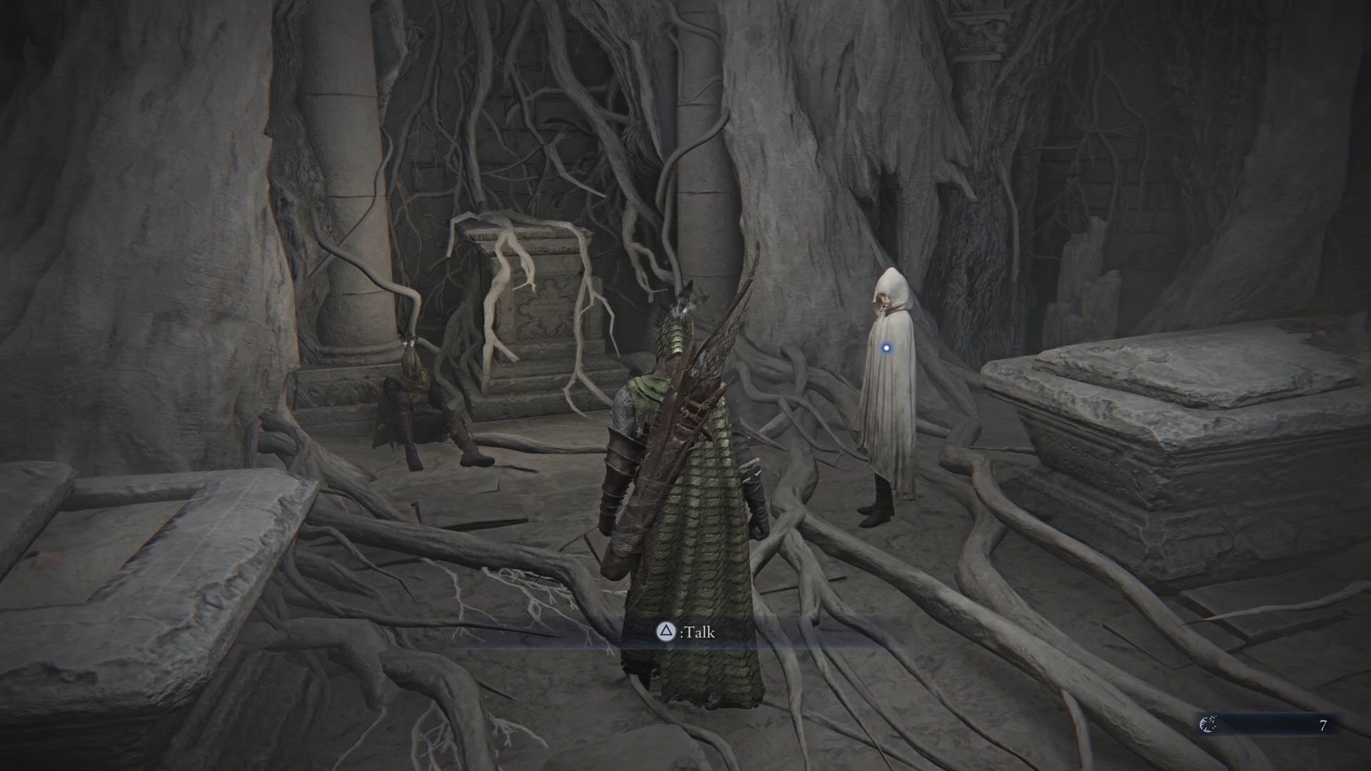 An Elden Ring Nightreign screenshot showing Ironeye beside the Priestess and the Traitor inside a white crypt.