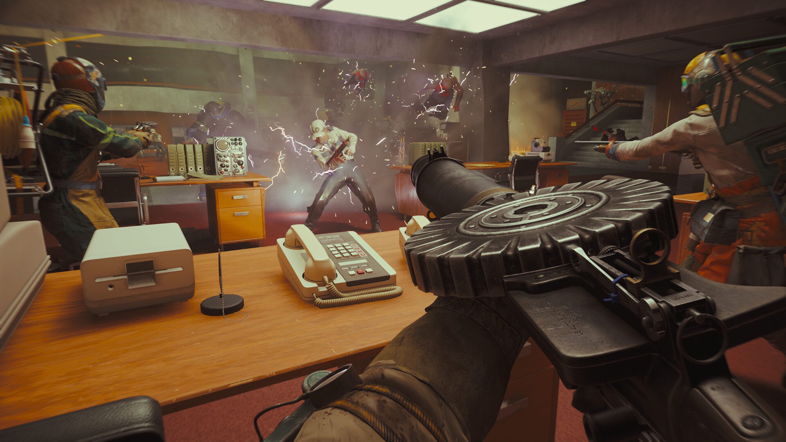 Three House cleaners dealing with Hiss, one using a Black Rock gun