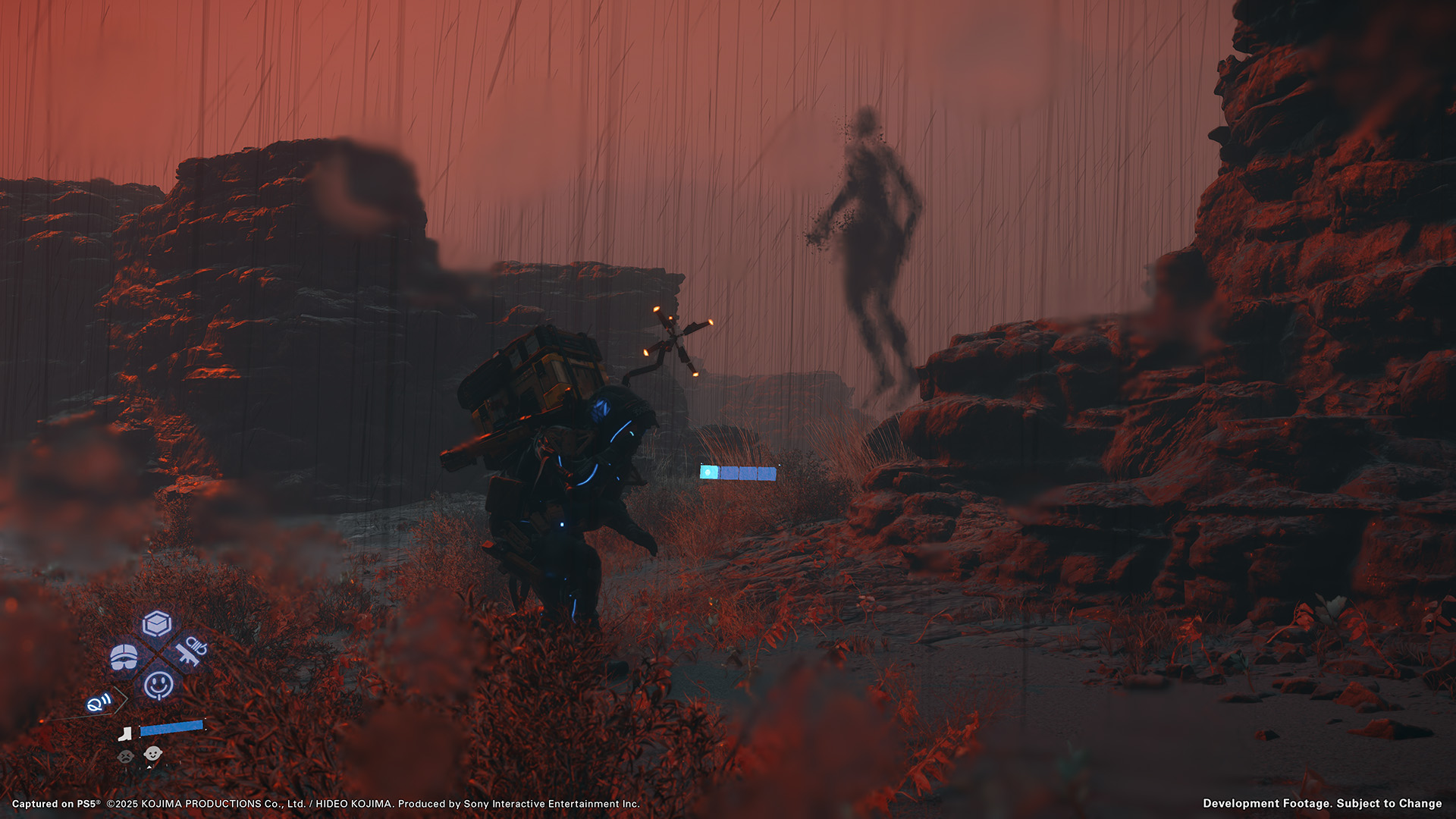 Sam Bridges sneaks past a spectral BT in a field of red mist in Death Stranding 2