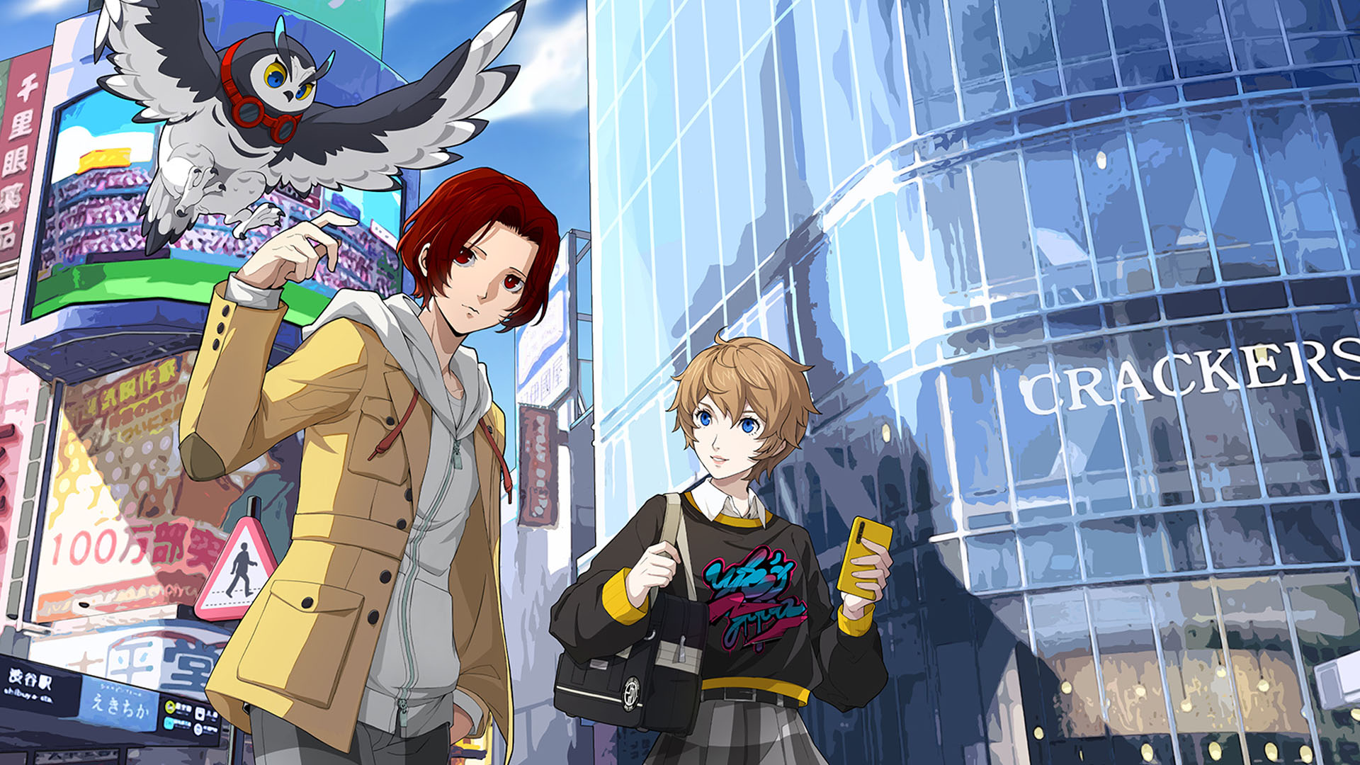 An official Persona 5: The Phantom X image showing a boy, a girl, an owl in the middle of a city.