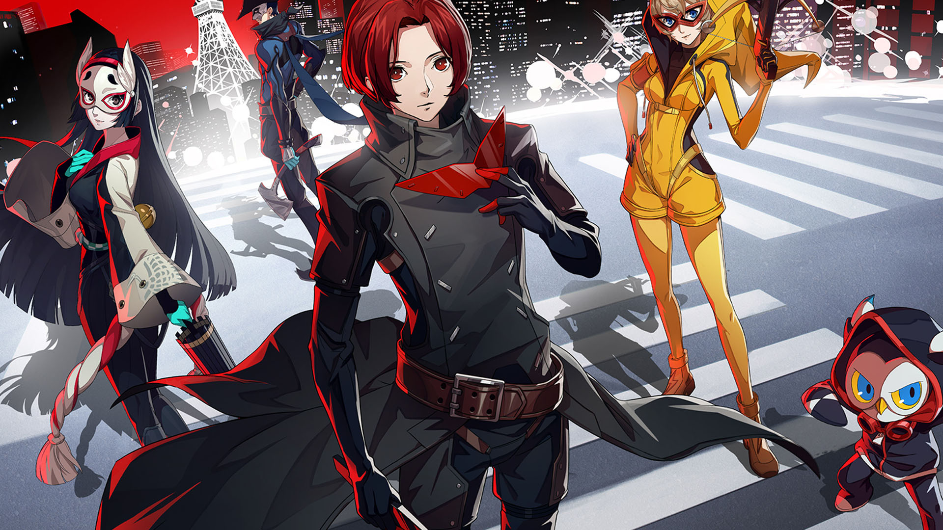 An official Persona 5: The Phantom X image showing the group of Phantom Thieves and their leader, Wonder in the center