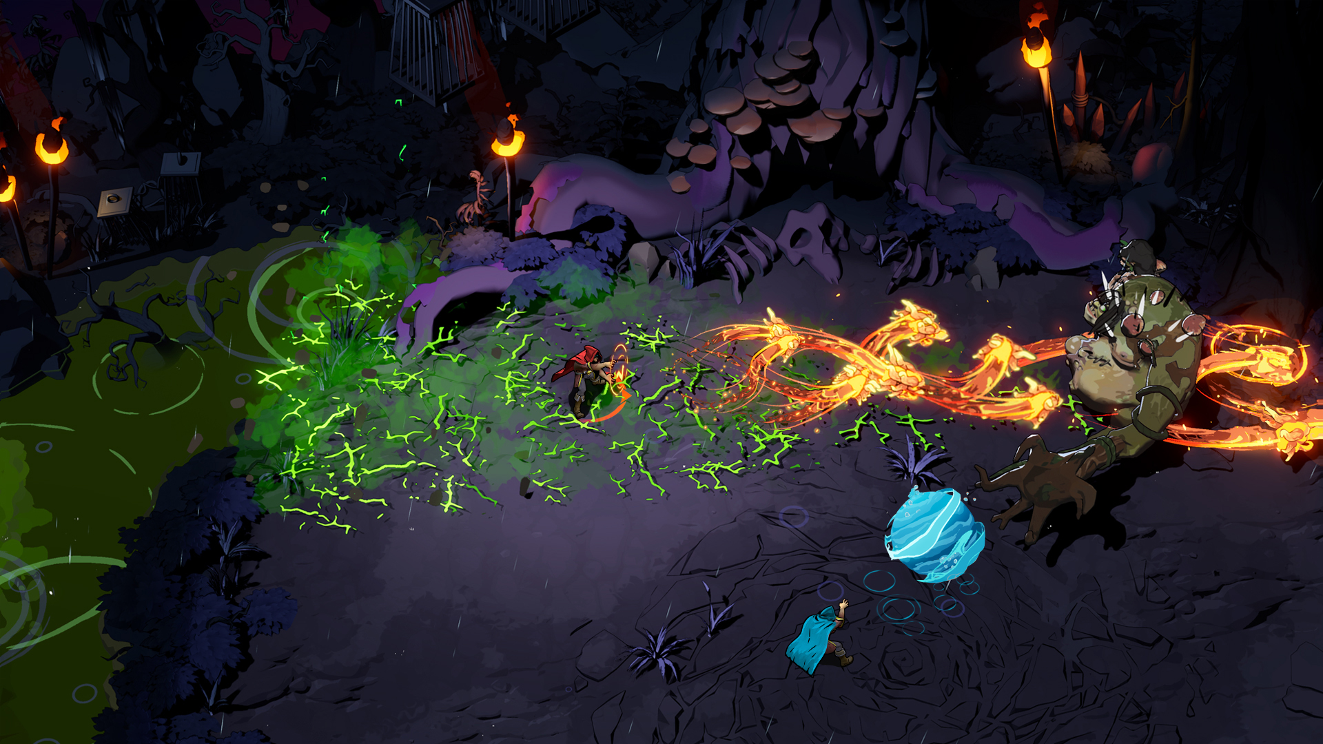 Two wizards of legend use wizard spells in Wizard of Legend 2 on a big troll boss