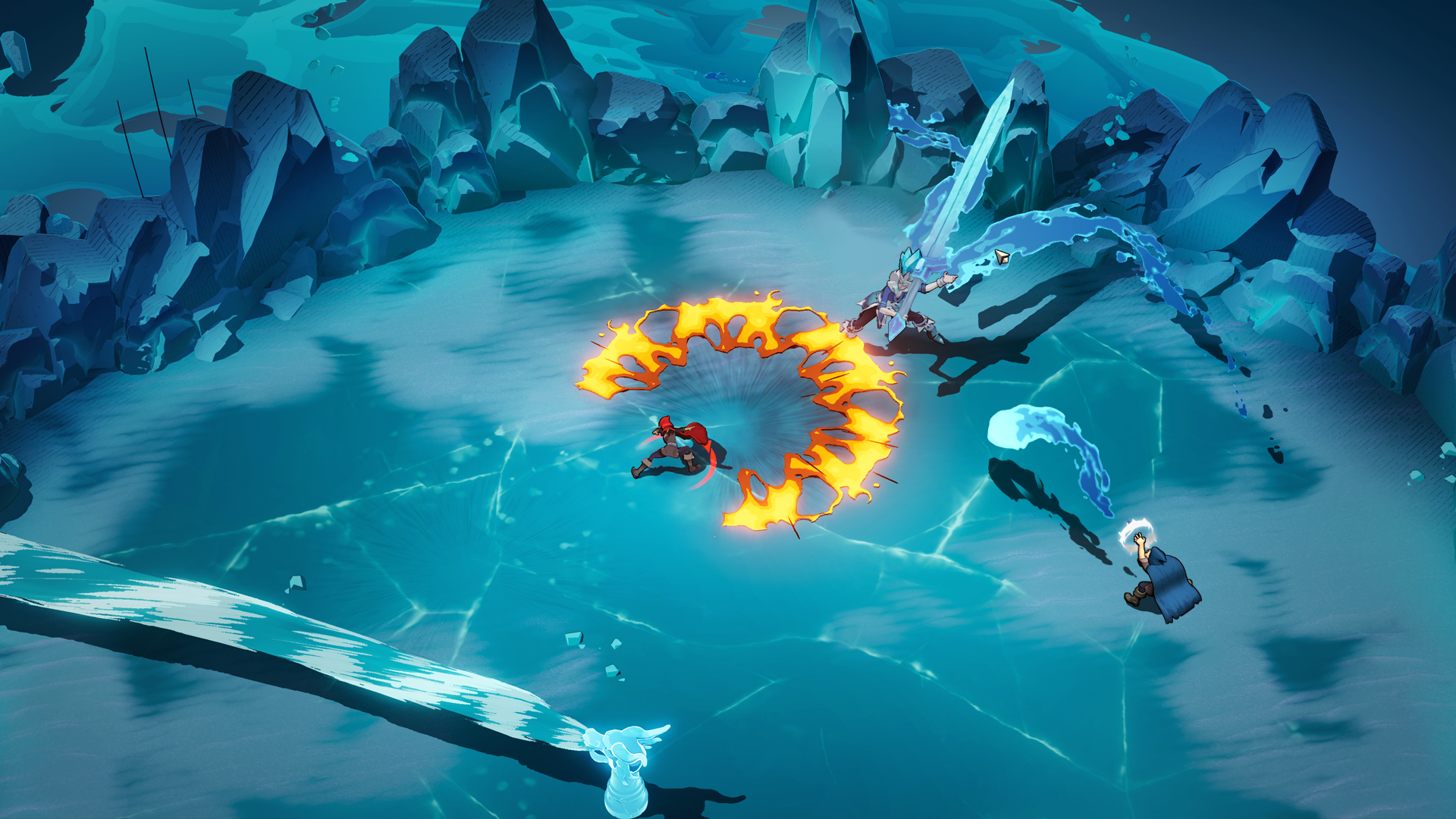 Two wizards of legend use different spells on an ice boss in Wizard of Legend 2