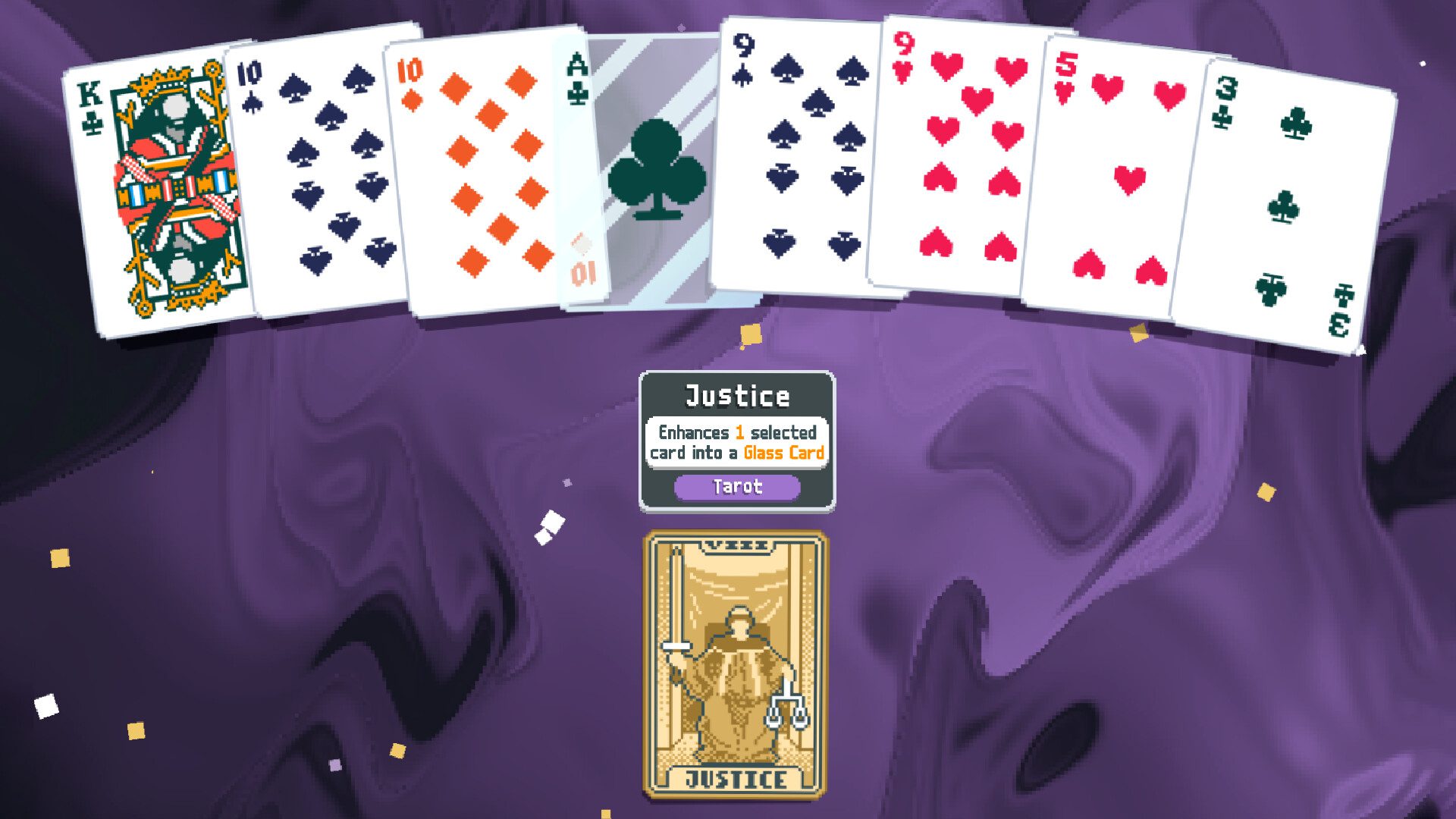 A Justice tarot card from Balatro with a deck of cards
