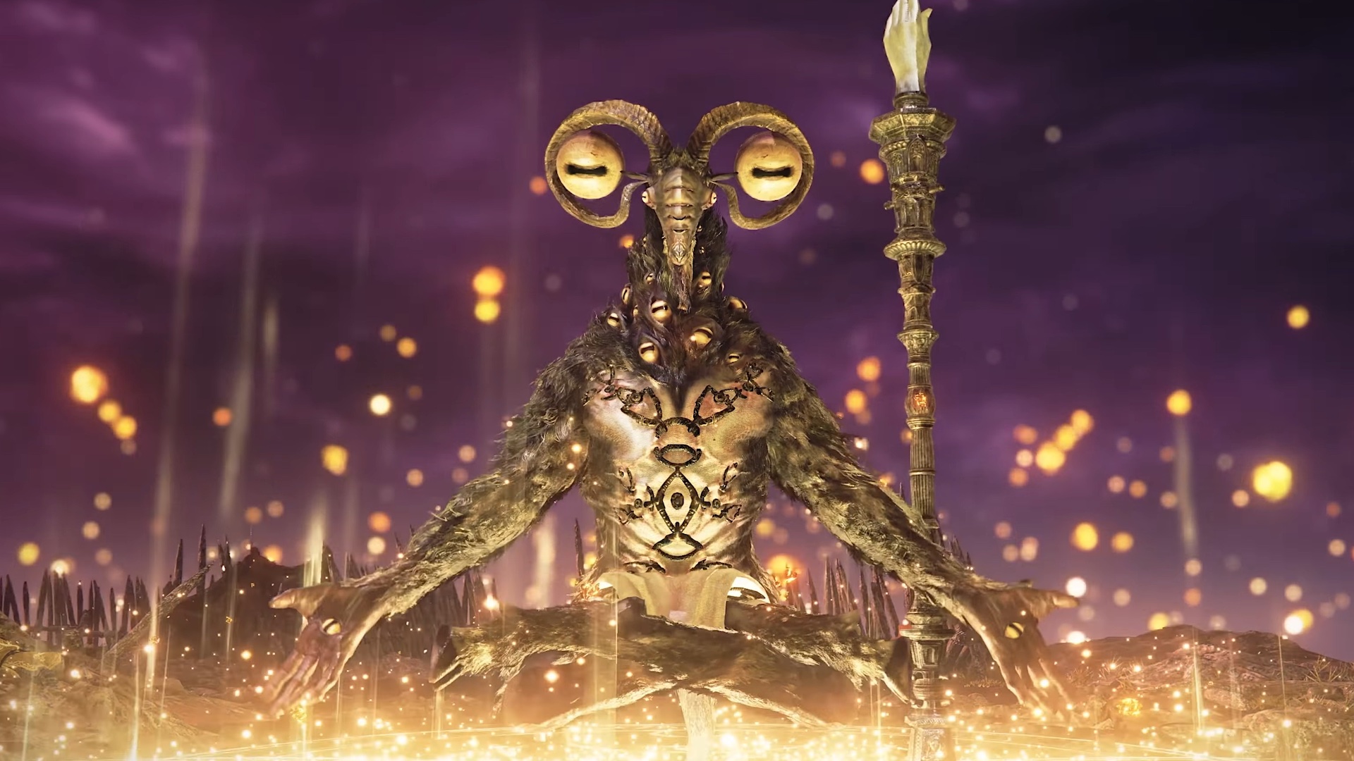 A screenshot of Libra, Creature of Night meditating in Elden Ring Nightreign