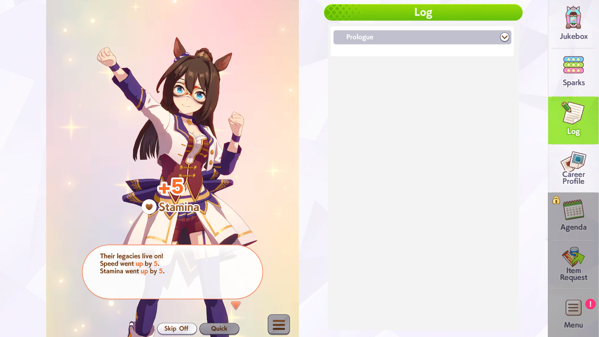 An Umamusume Pretty Derby screenshot showing a character receiving stats bonuses from legacies.