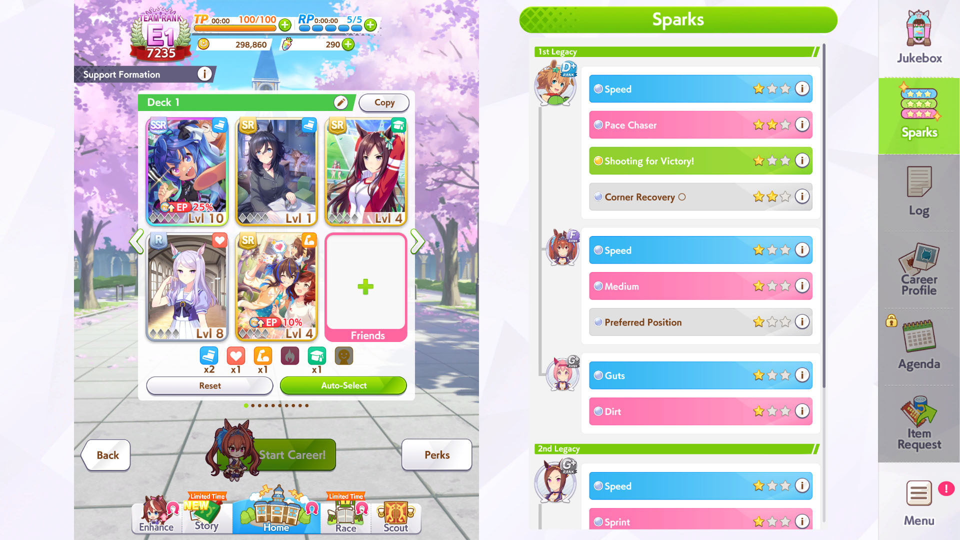 An Umamusume Pretty Derby screenshot showing a support cards deck.