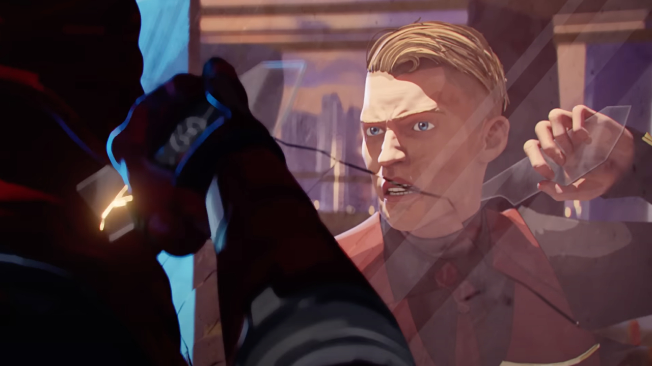 Revenant, despite being robotic, sees his human reflection in some glass. His human form is pale with blond hair and blue eyes.