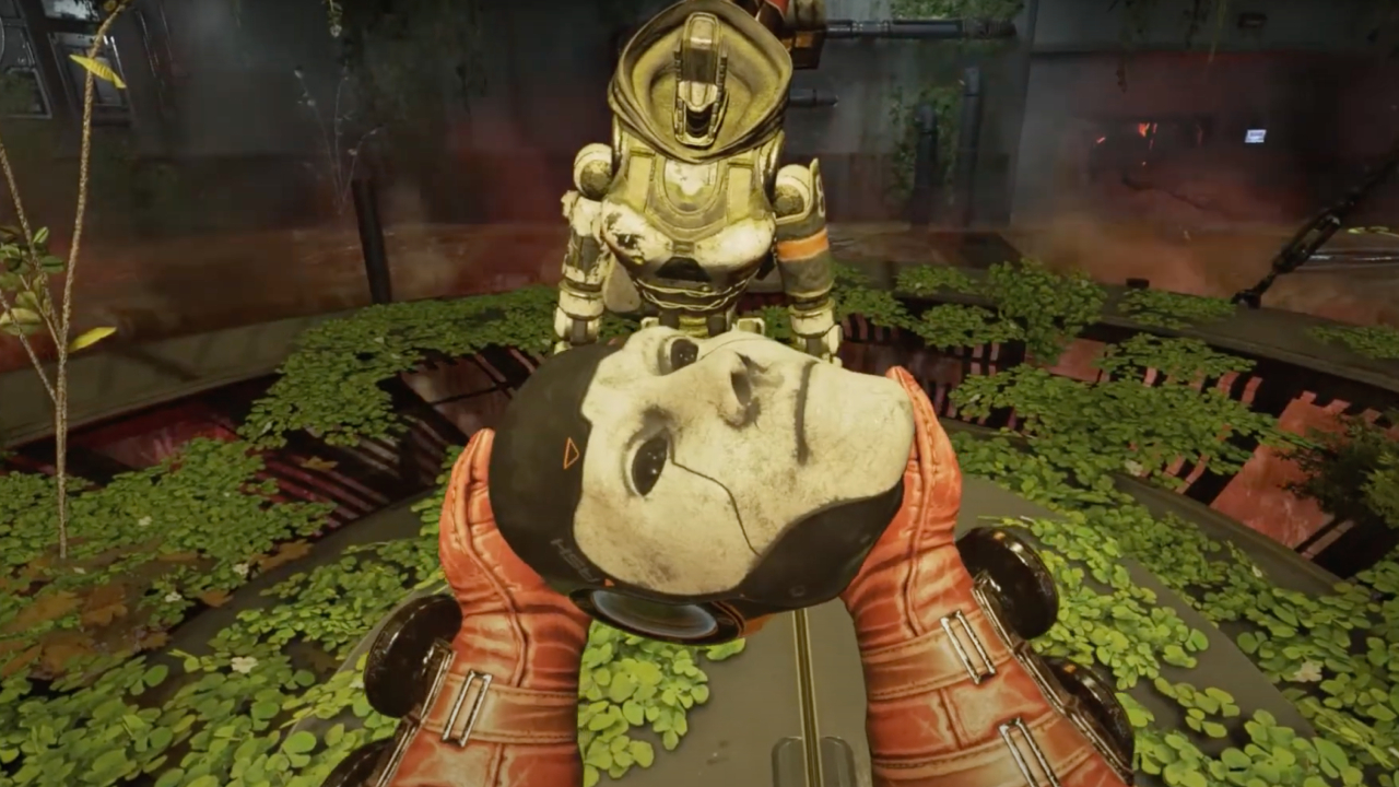 A screenshot from “The Broken Ghost” quest finale. The player stands before Ash’s headless, robotic body, moments before screwing her head back on and bringing her to life.