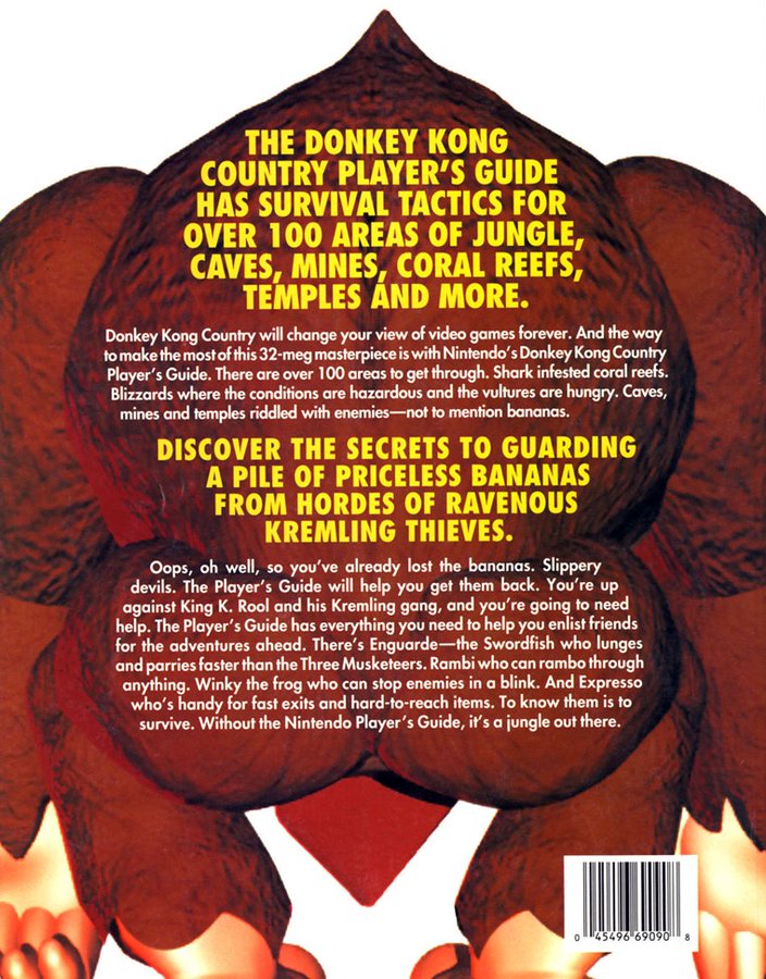 The back of a player guide for a Donkey Kong game back in the 90s, which prominently displays DK’s butt. 