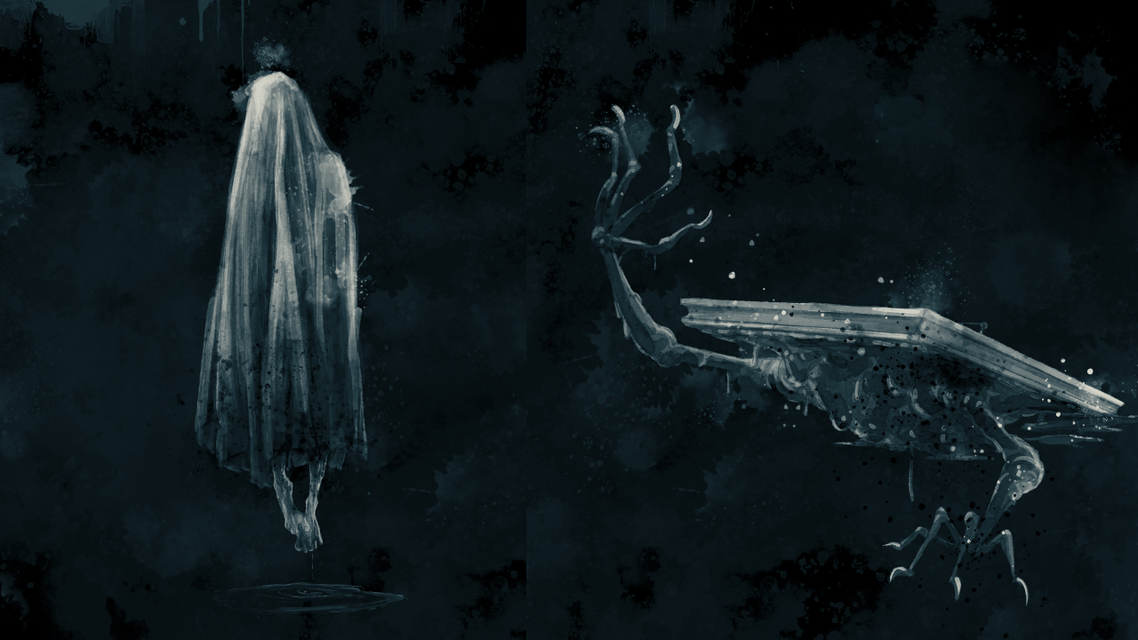 On the left, a stereotypical ghost in a sheet floats above the ground. On the right, human arms reach out of a haunted painting.