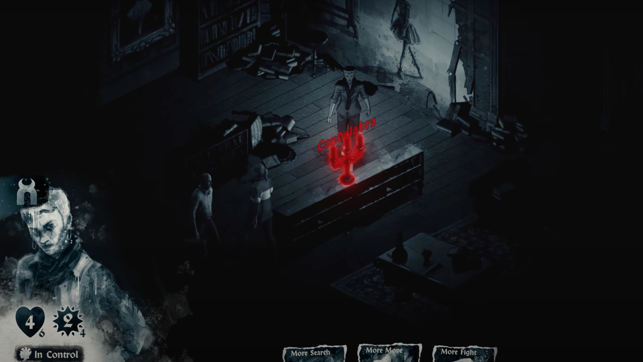 A screenshot depicting gameplay. A character approaches a candelabra, which becomes highlighted in red when they’re close to it. The rest of the room is incredibly dark.