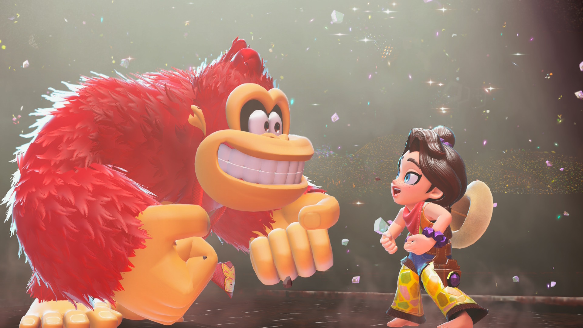 DK and Pauline dancing a gorilla dance in Donkey Kong Bananza