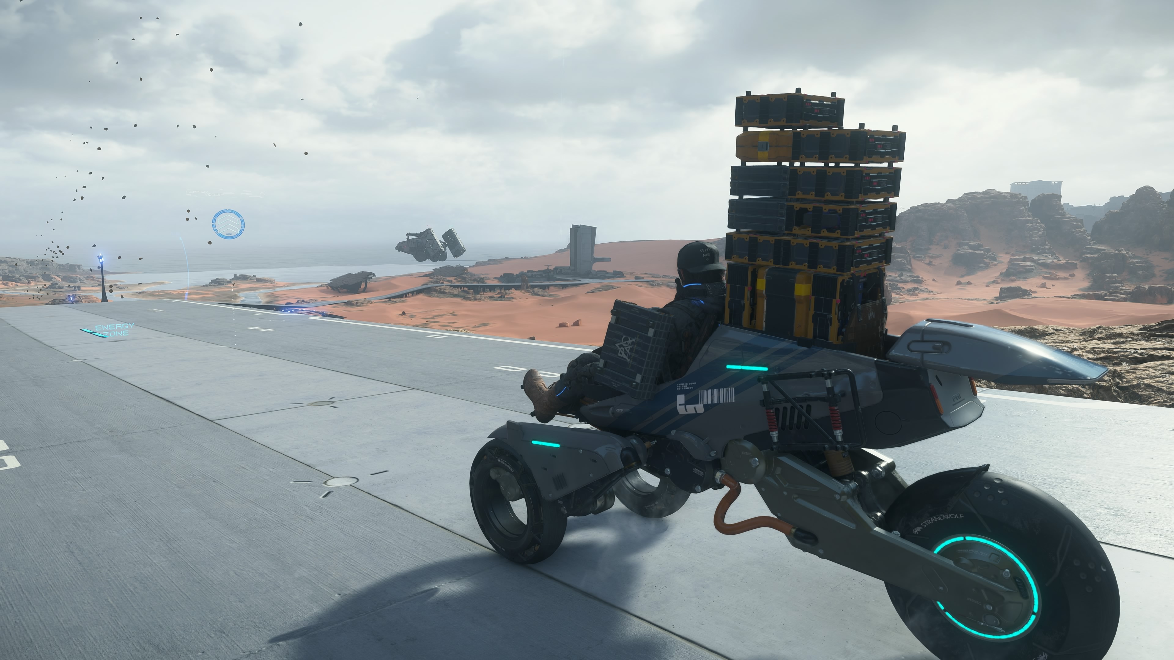 Sam Bridges drives a motorcycle in Death Stranding 2