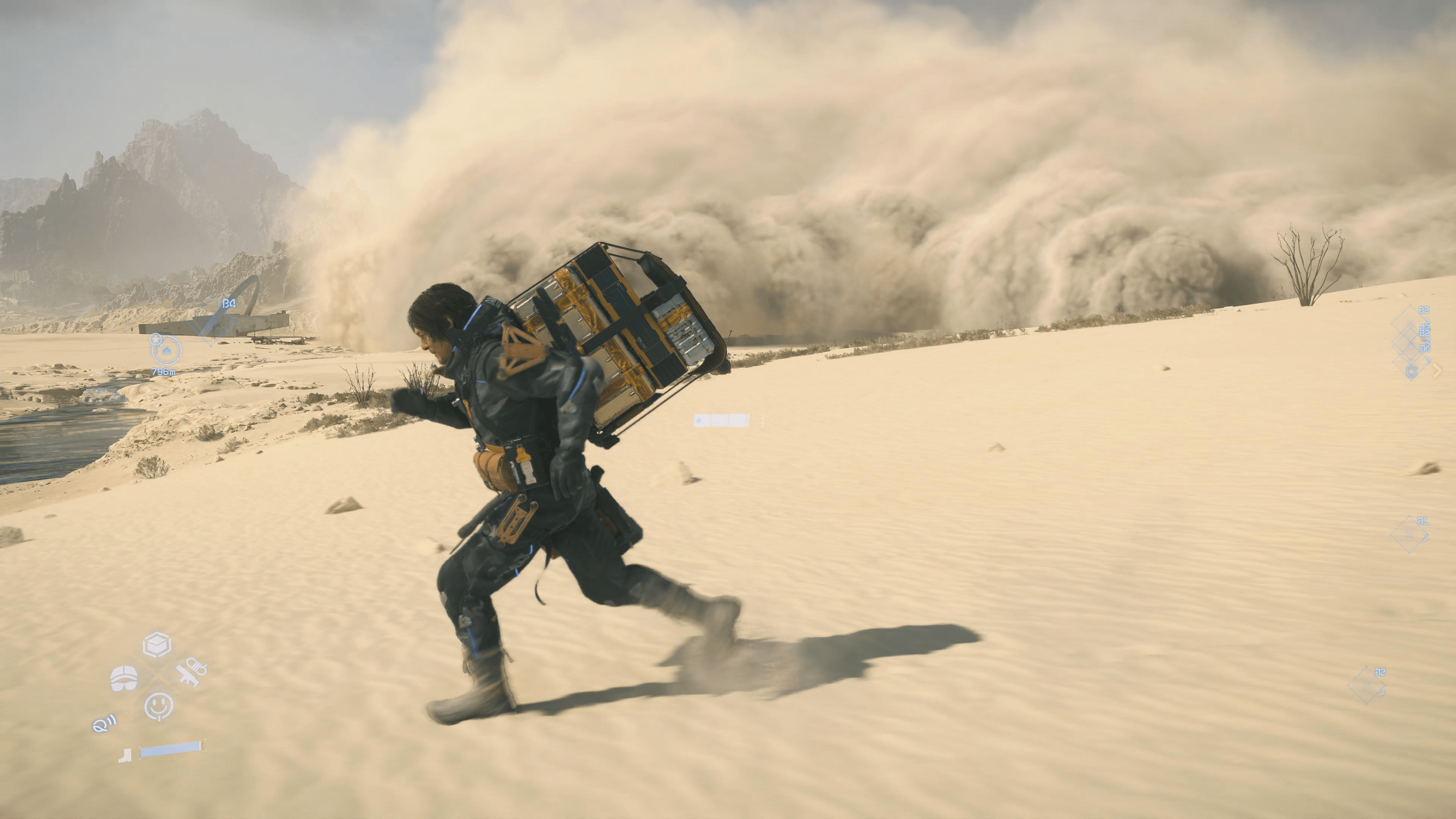 Sam Bridges in Death Stranding 2 runs amid a desert.