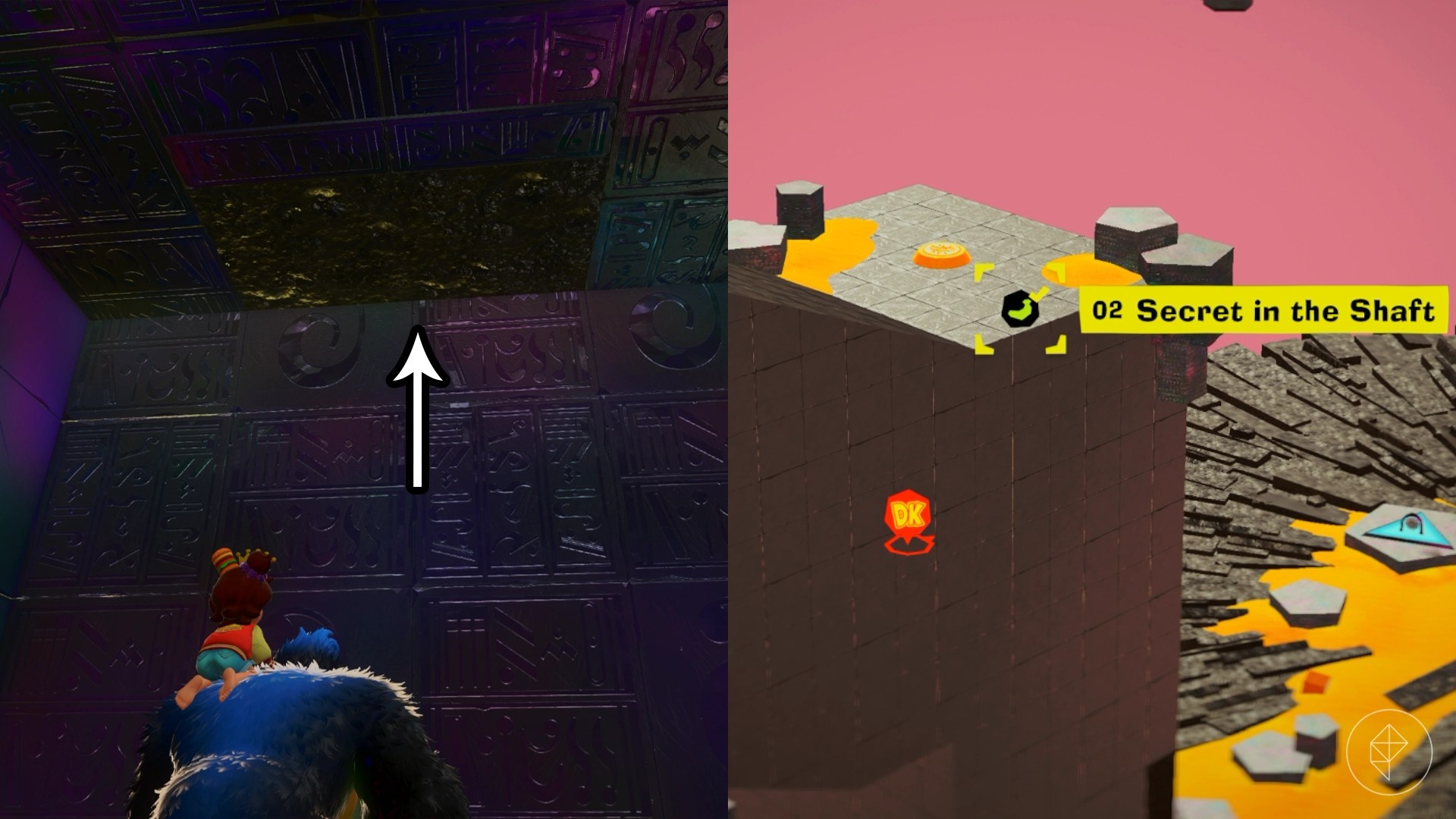 Donkey Kong looking up towards stone tiles on the ceiling.