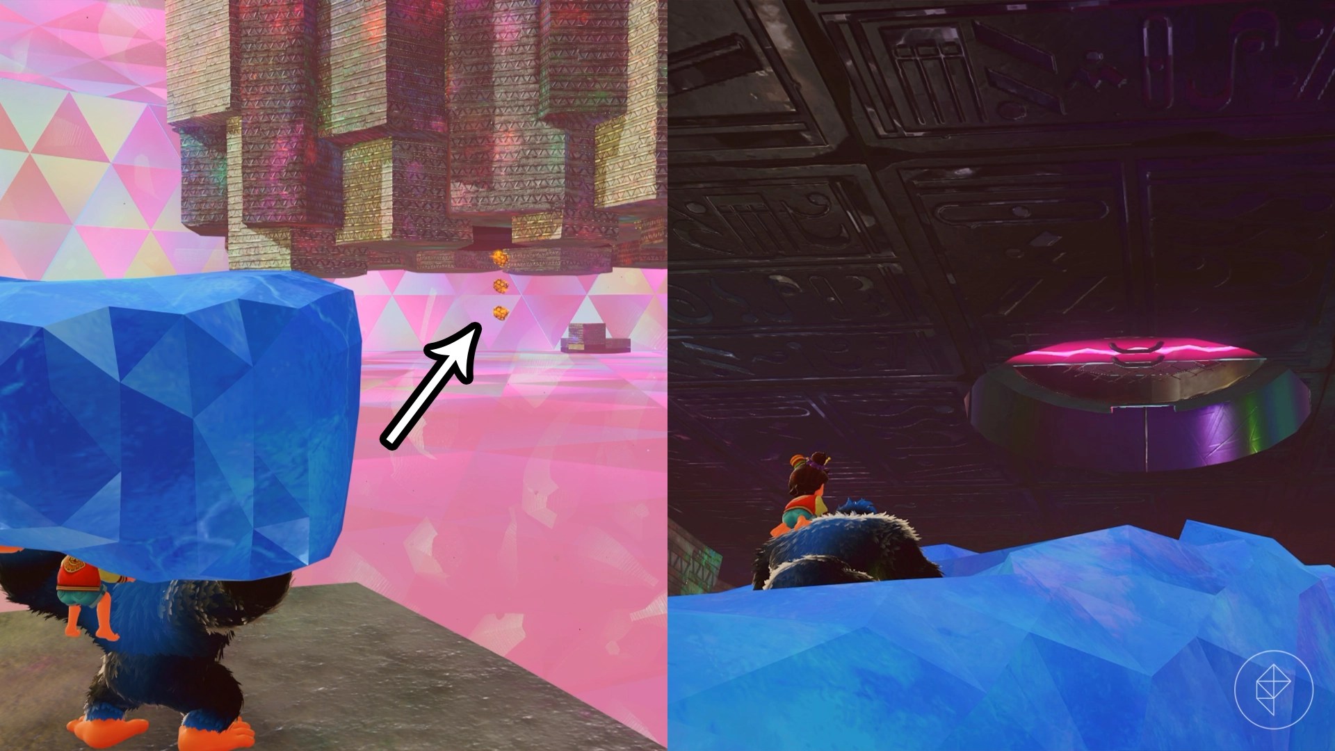Donkey Kong holding a chunk of crystal getting ready to throw it at three balls of gold in the distance.