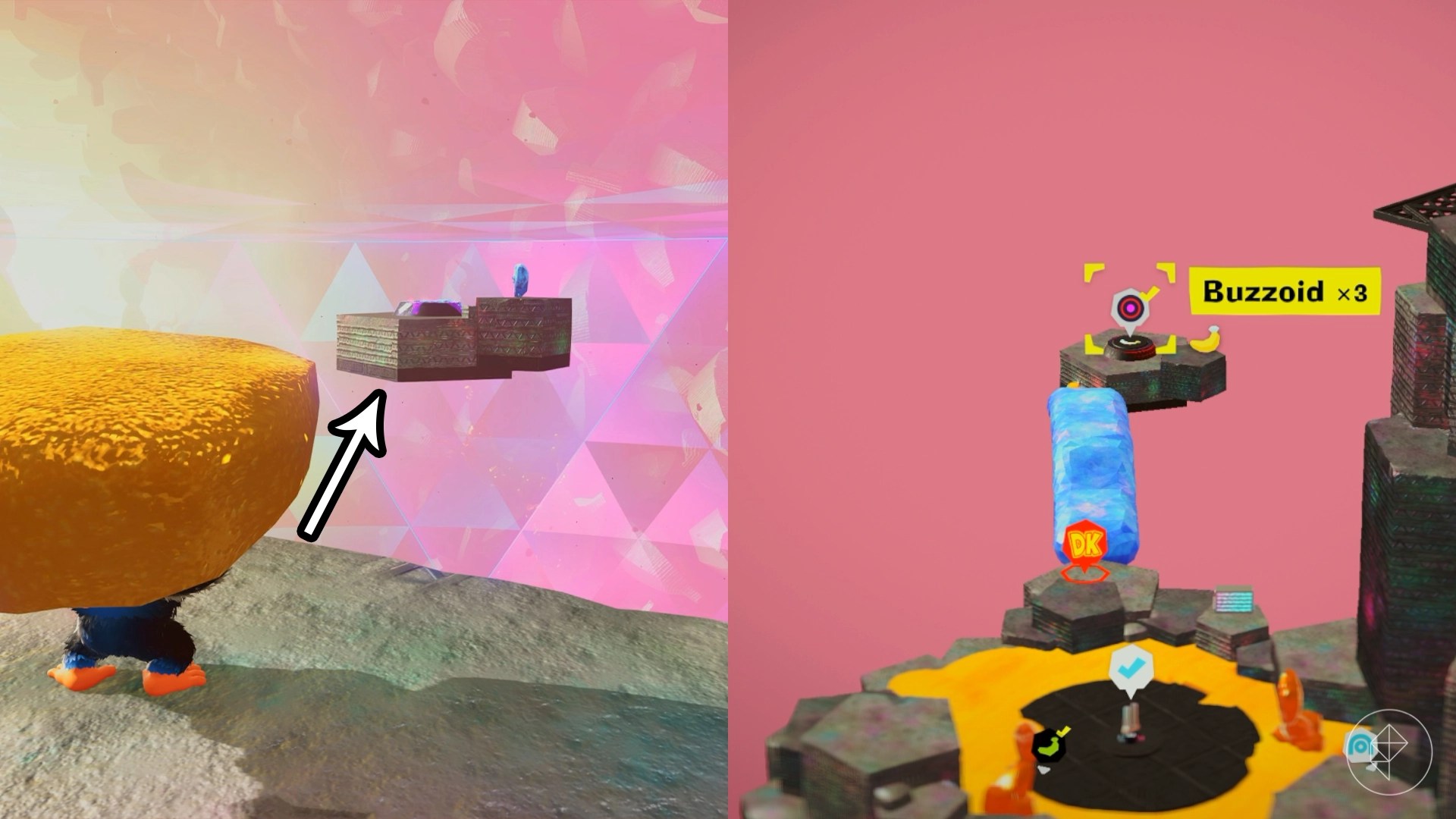 Donkey Kong holding a chunk of sand getting ready to throw it at a floating concrete island in the distance.