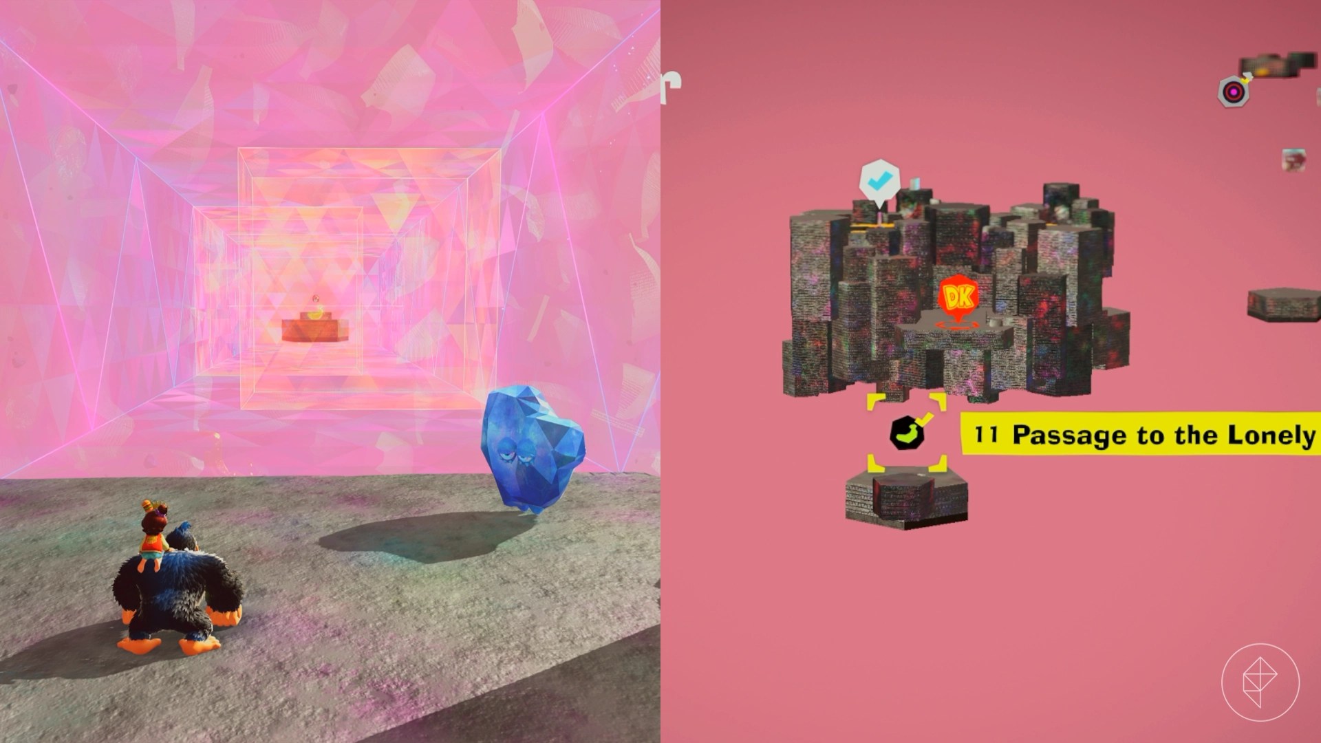 Donkey Kong looking towards a golden banana gem that is in a semi-transparent prismatic hallway.
